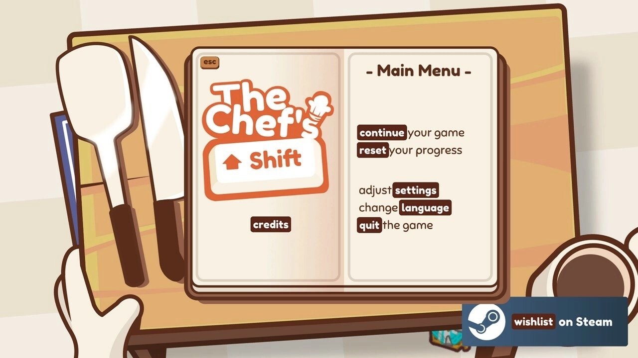 The Chef's Shift: Main menu with options to continue, reset, adjust settings, change language, or quit