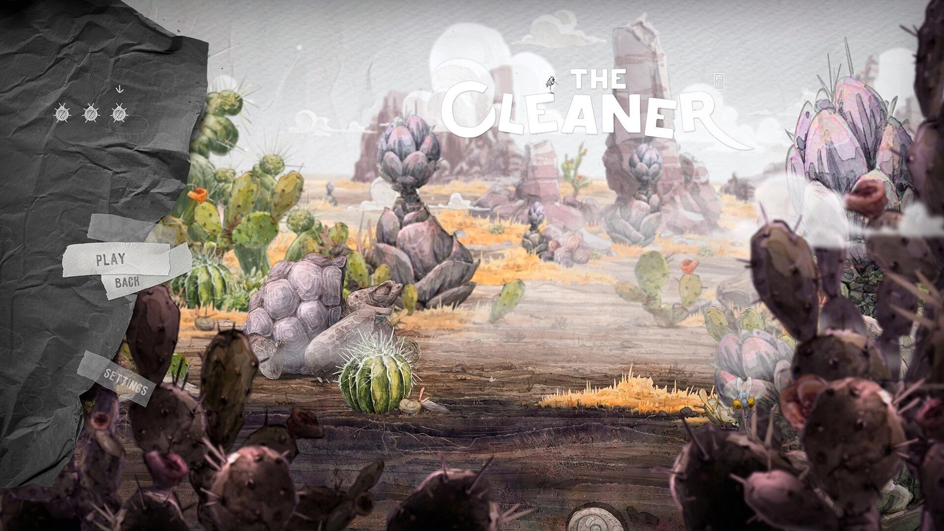 The Cleaner: Main menu with Play, Back, Settings over hand-drawn desert of cacti and rocks.