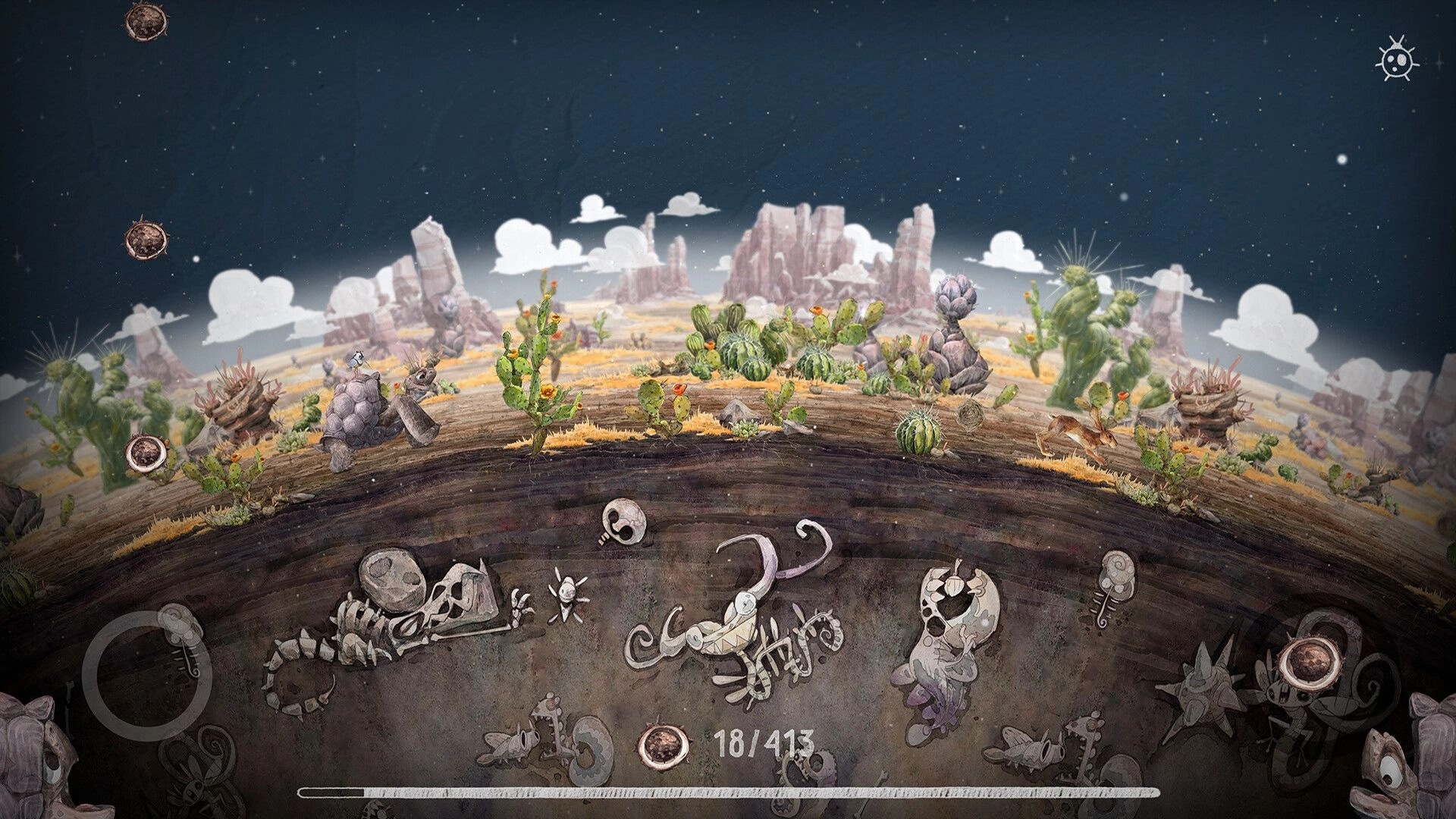The Cleaner: Taki perches on a rock turtle amid cactus plants in a curved desert world map view.