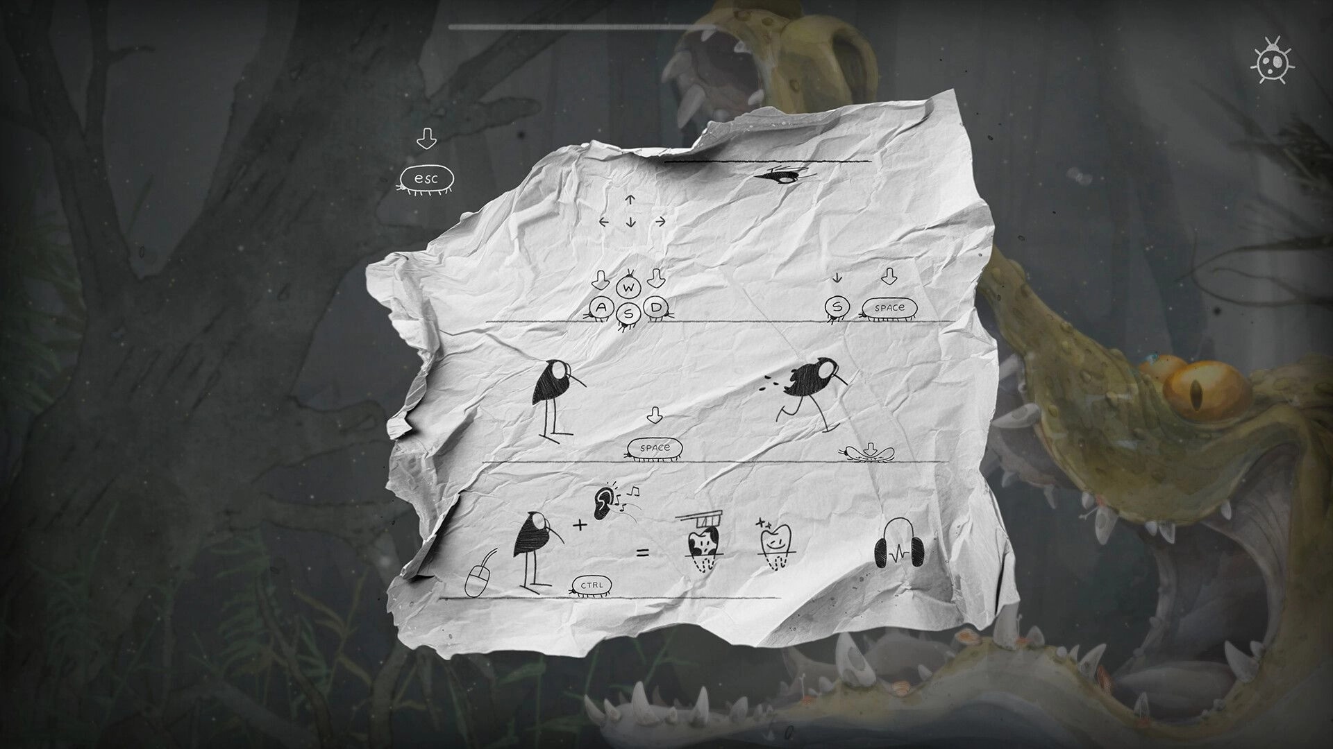 The Cleaner: Crumpled paper control tutorial with WASD, space, and esc icons over dark swamp scene.