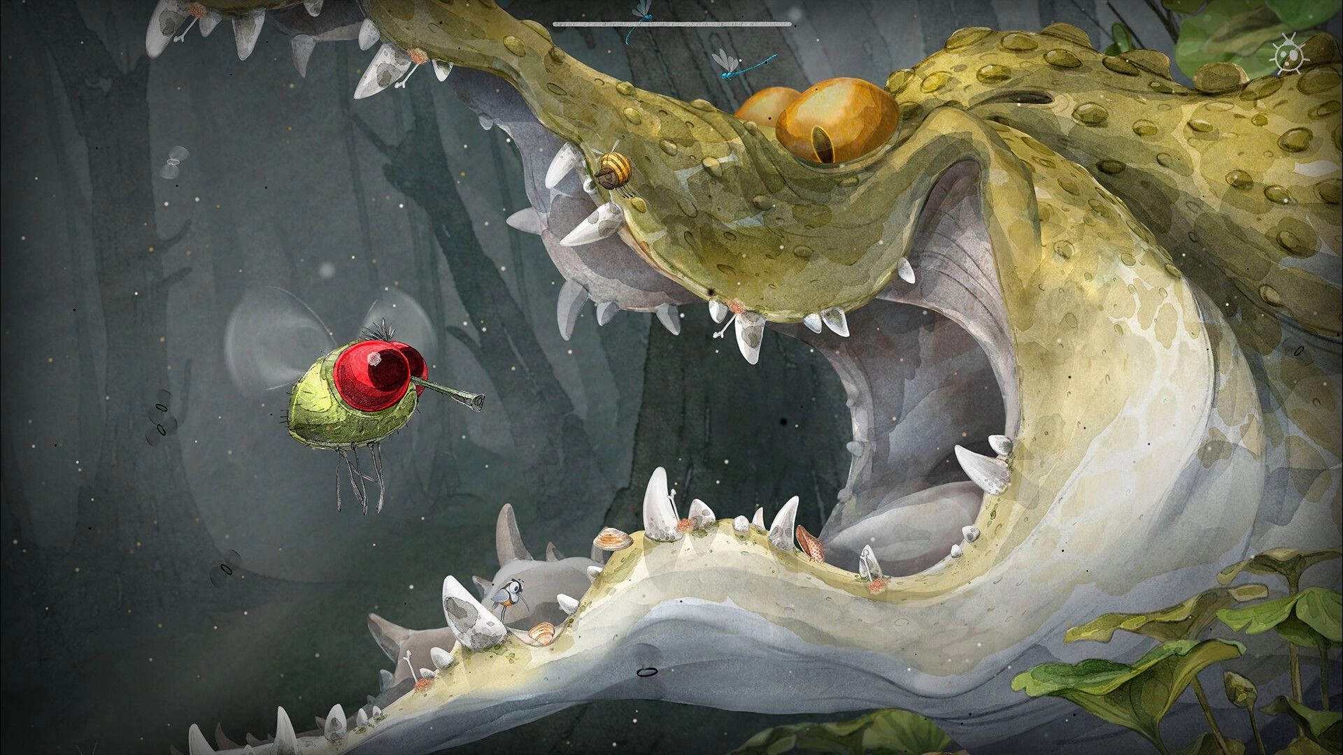 The Cleaner: Taki hovers near a giant crocodile mouth with sharp teeth in a misty swamp scene.