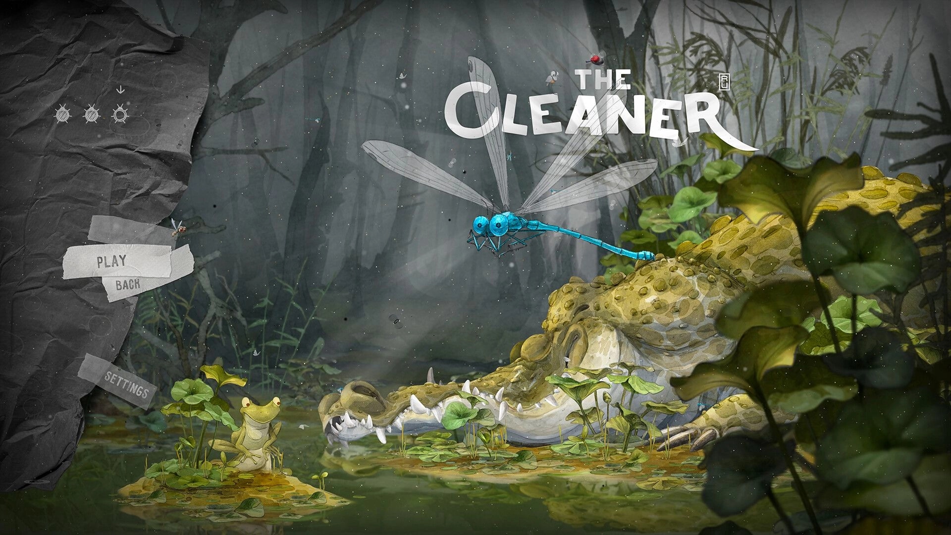 The Cleaner: Main menu with Play and Back buttons over swamp scene with frog, crocodile, dragonfly.