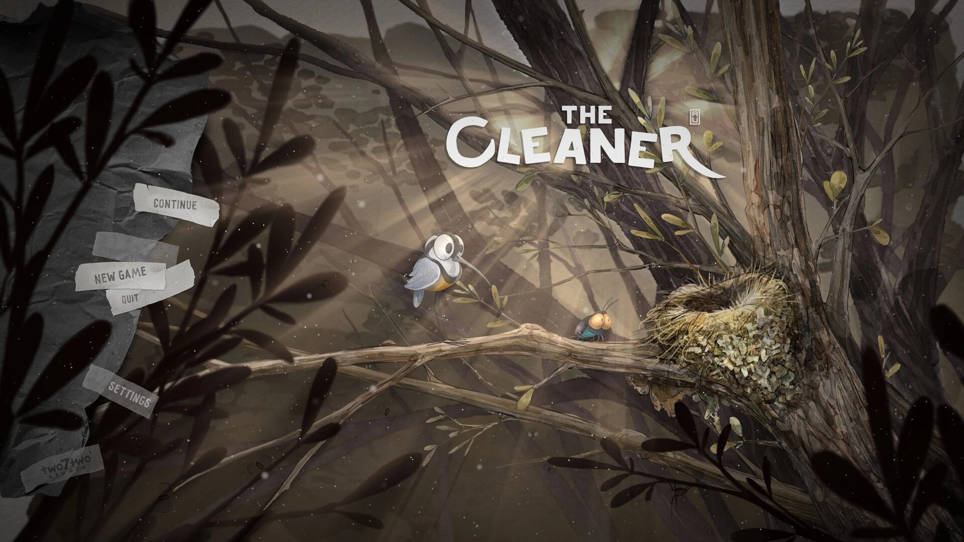 The Cleaner: Main menu with Continue/New Game buttons beside a bird on a branch near a nest in woods.