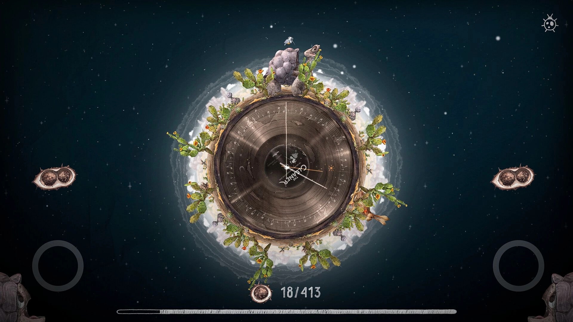 The Cleaner: Bird stands atop a giant vinyl record world with cacti, in a starry space backdrop.
