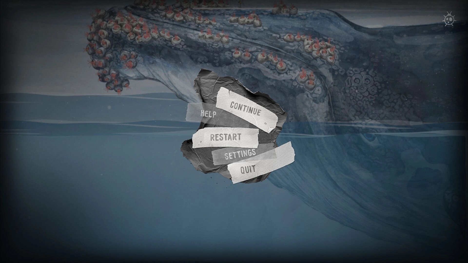 The Cleaner: Pause menu with Continue, Restart, Settings and Quit over a giant whale underwater.