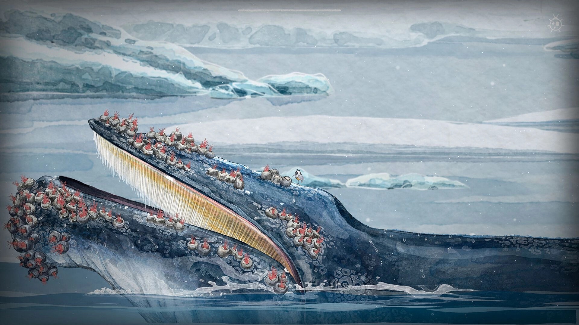The Cleaner: Small bird perched on a barnacled whale amid icy sea and drifting snowflakes.