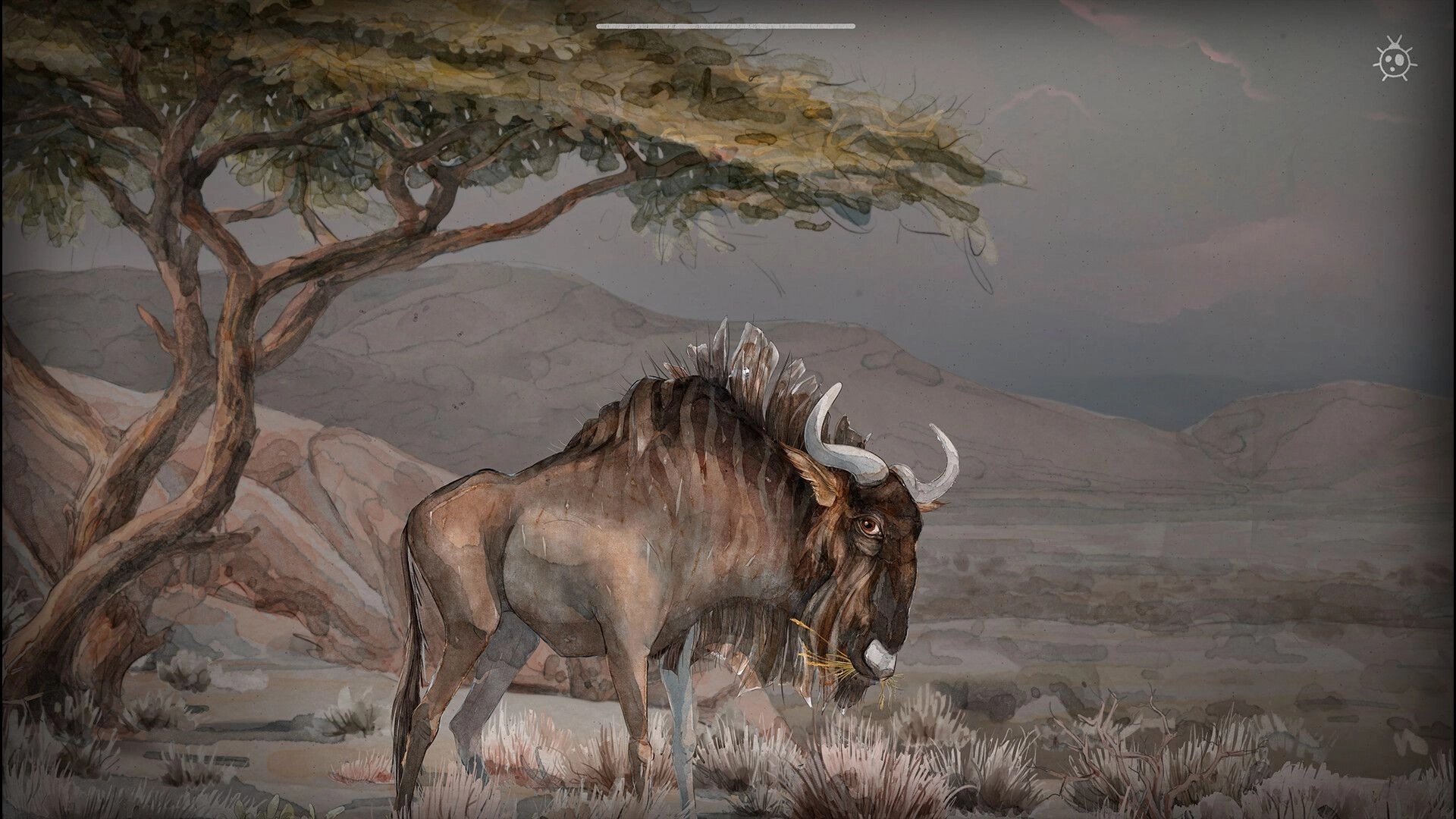 The Cleaner: Wildebeest grazing under a tree in a hand-drawn savanna with minimal UI icons.