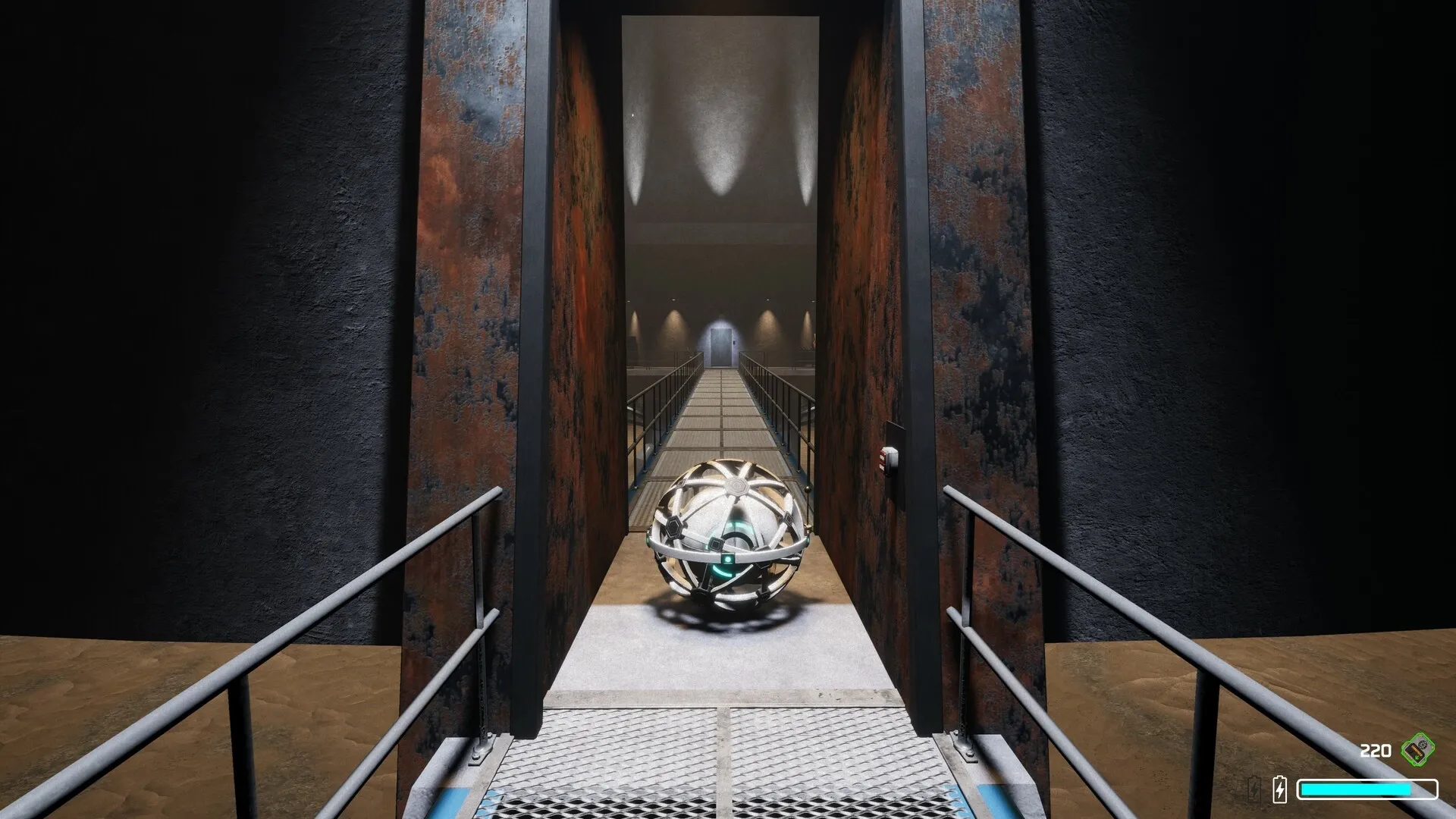 The Core: Autonomous AI core on metal walkway in dimly lit industrial facility with health bar visible