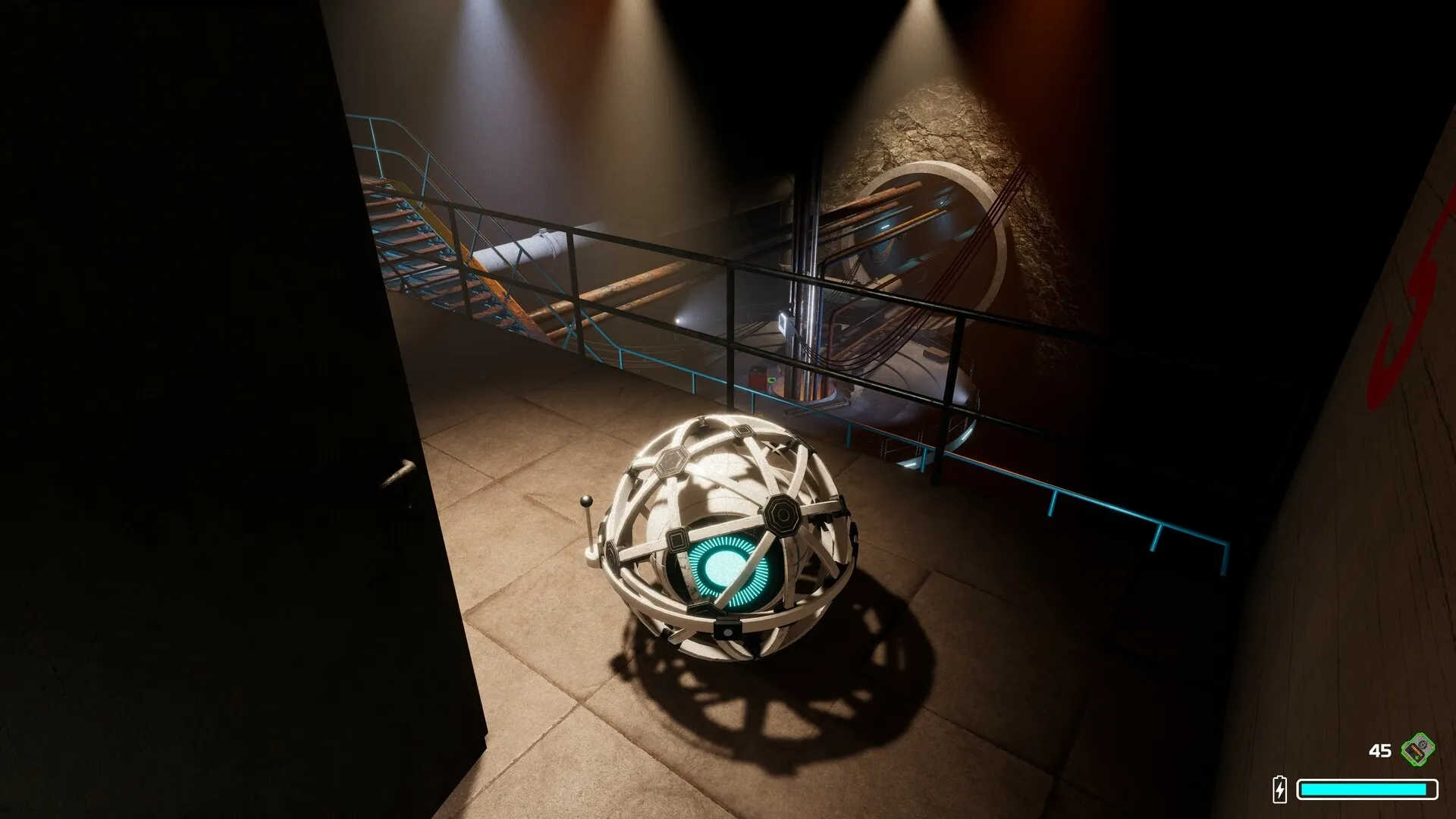 The Core: Autonomous AI core exploring dimly lit industrial facility with metal stairs and pipes