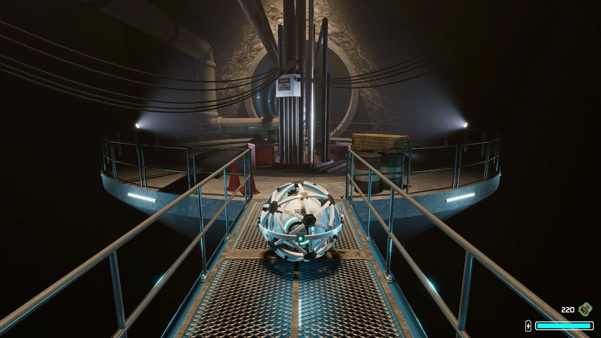 The Core: Autonomous AI core on walkway in industrial facility with pipes and barrels visible