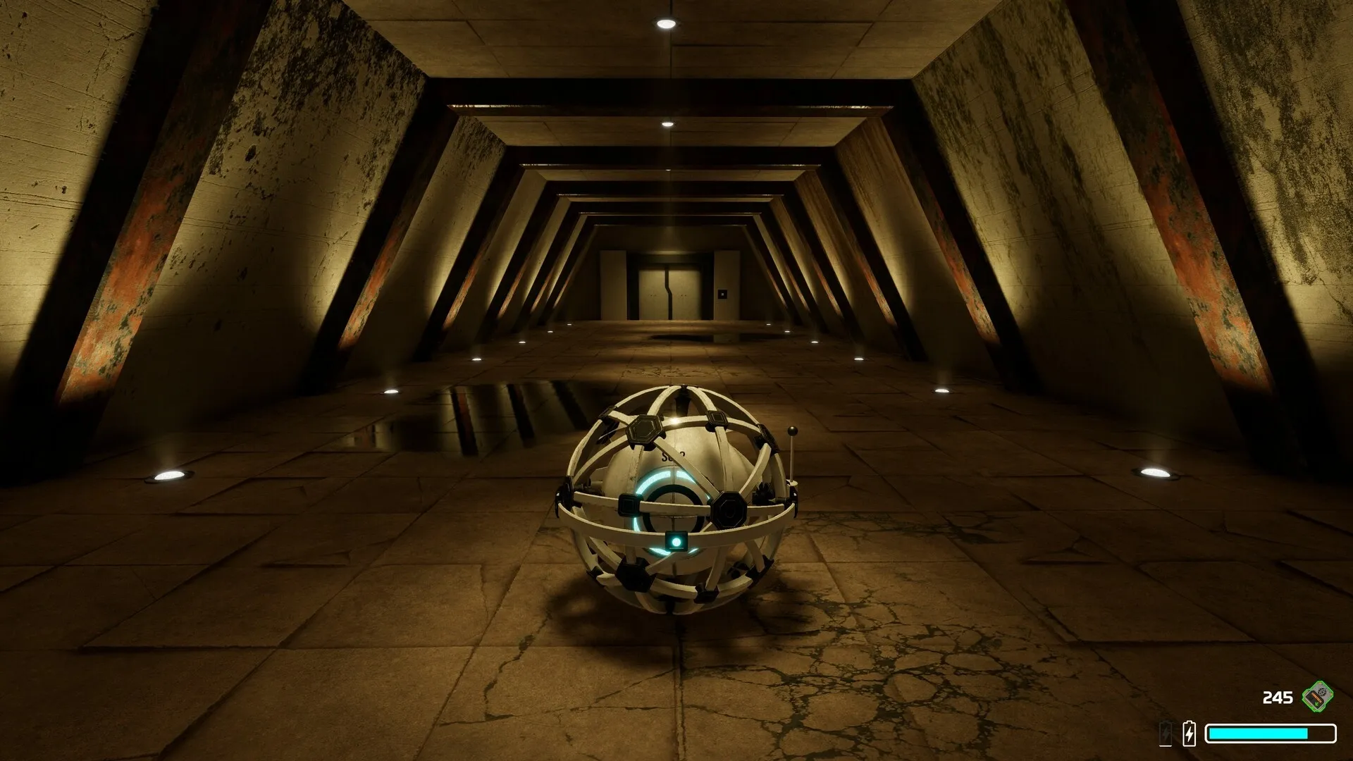 The Core: Autonomous AI core navigates dimly lit corridor in abandoned facility with health display visible