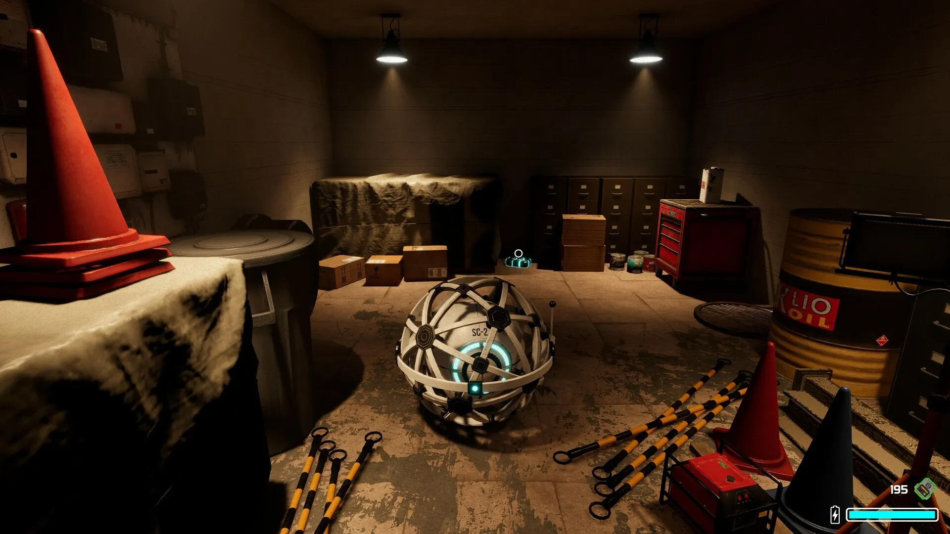 The Core: SC-2 unit in a dimly lit storage room with boxes, barrels, and scattered traffic cones