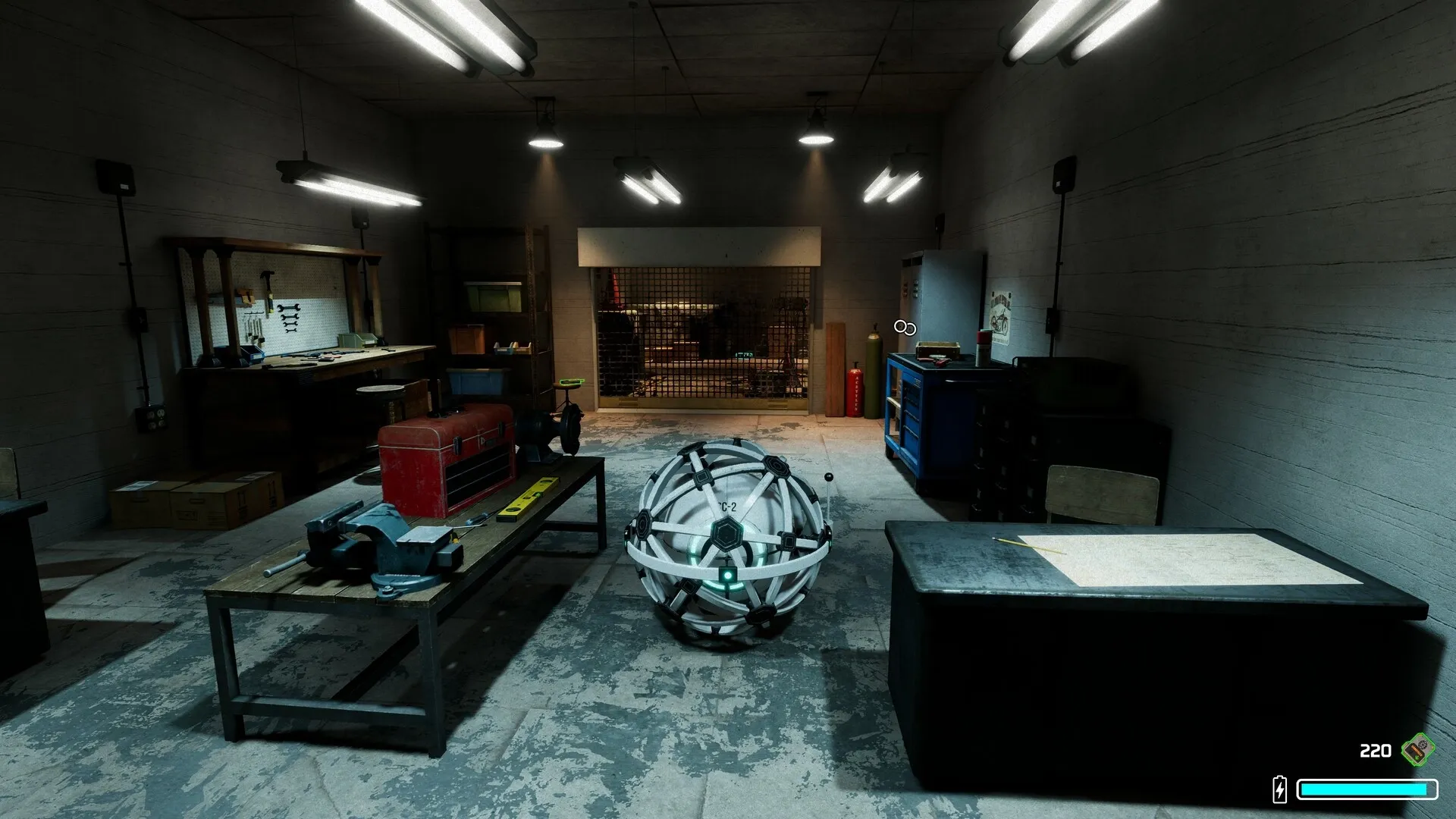 The Core: Autonomous AI core explores dimly lit workshop with scattered tools and equipment.