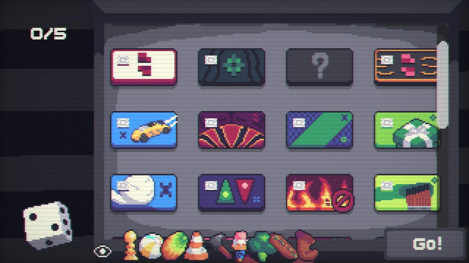 The Debtician: Card selection grid with item icons and Go button on a CRT-styled shop menu screen.