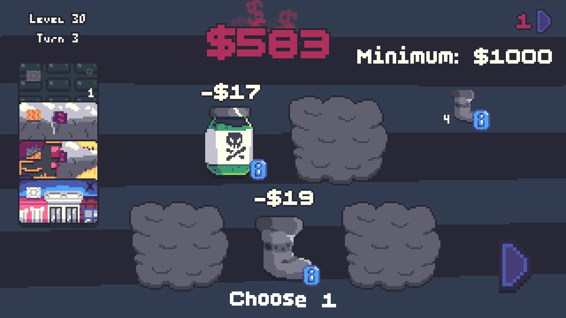 The Debtician: Shop choice screen with bottle and sock items priced in debt, Level 30 Turn 3 UI.