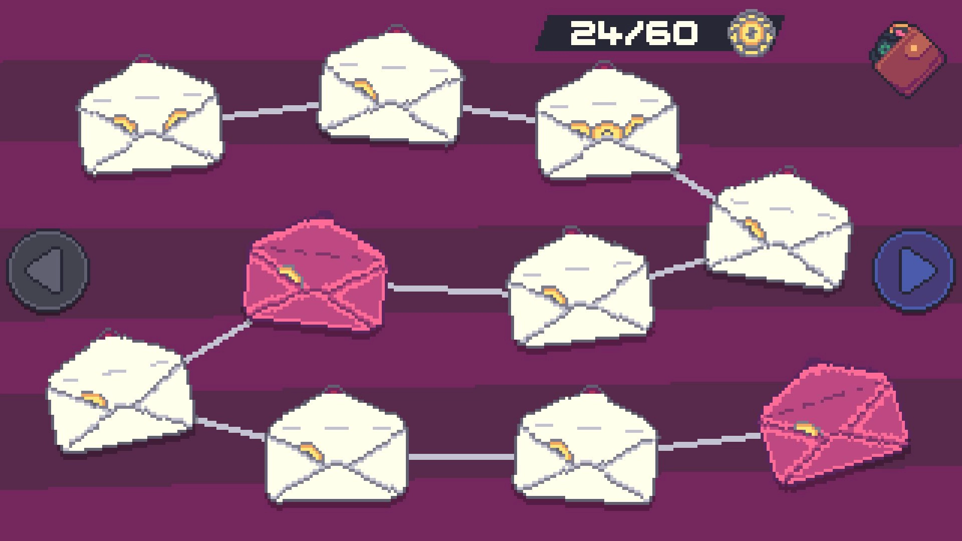 The Debtician: Level map with linked envelope nodes, progress 24/60, wallet icon on purple UI.