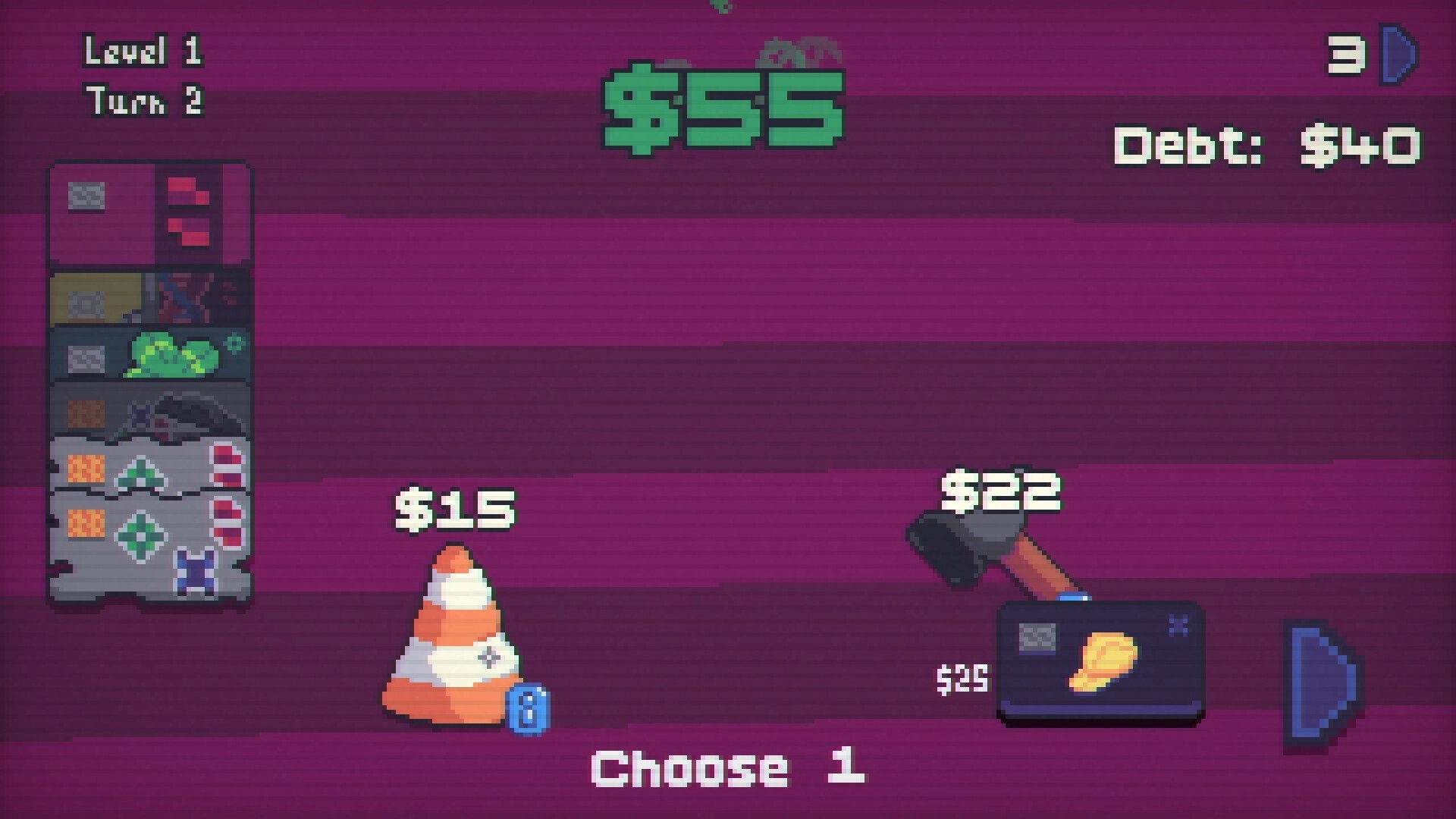 The Debtician: Shop choice screen with $55 cash, $40 debt, and two items priced $15 and $23.
