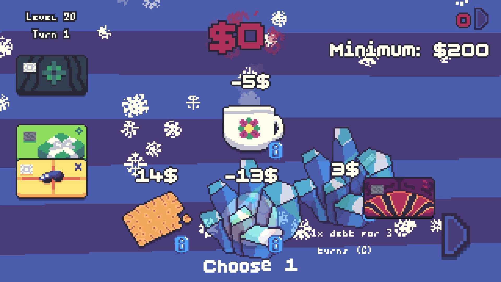 The Debtician: Shop choice screen with snack, coffee, and gift cards, Level 20, Minimum $200 UI.