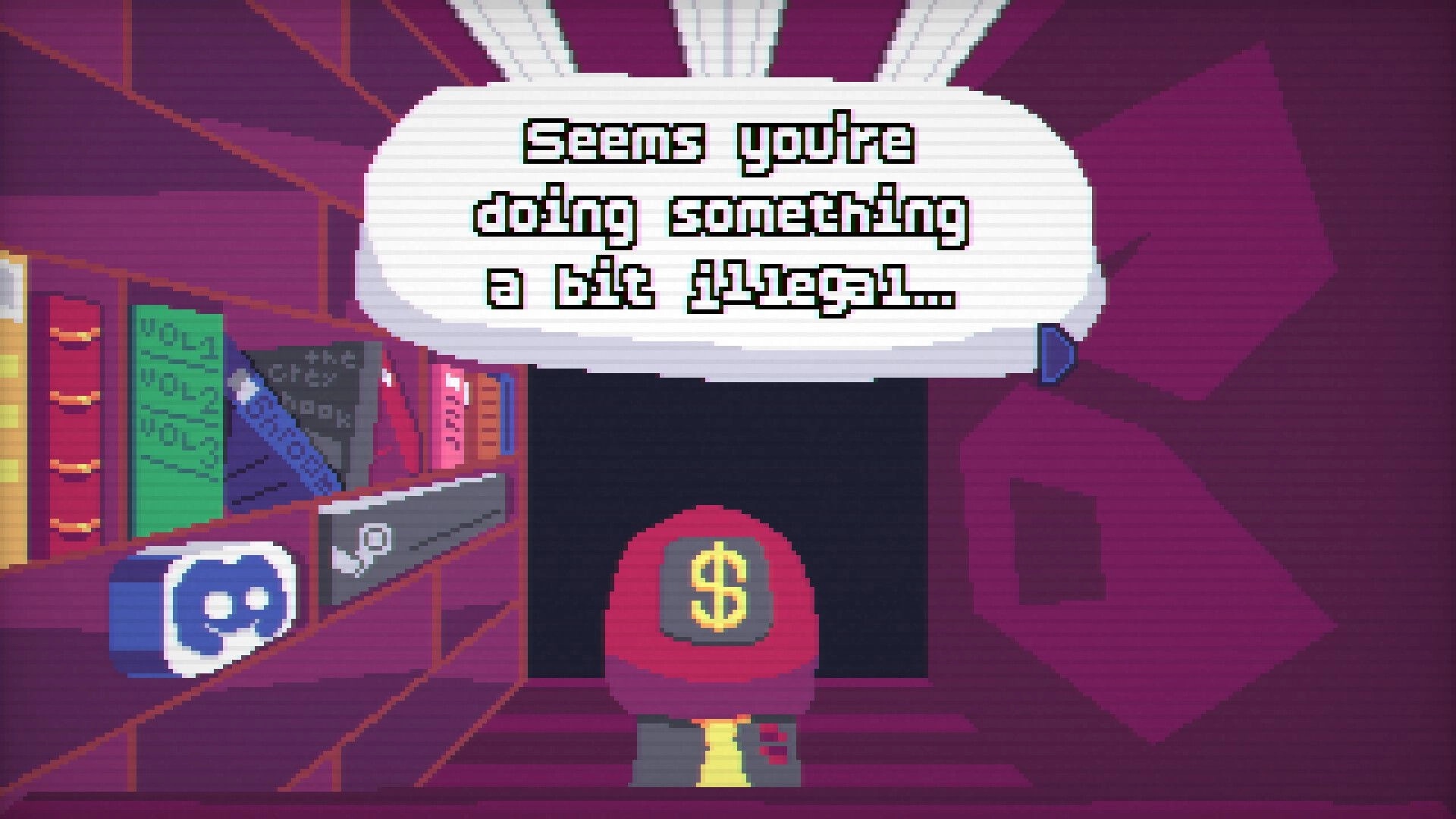 The Debtician: Dialogue bubble over a dollar-hat character in purple room with bookshelf and Discord icon.