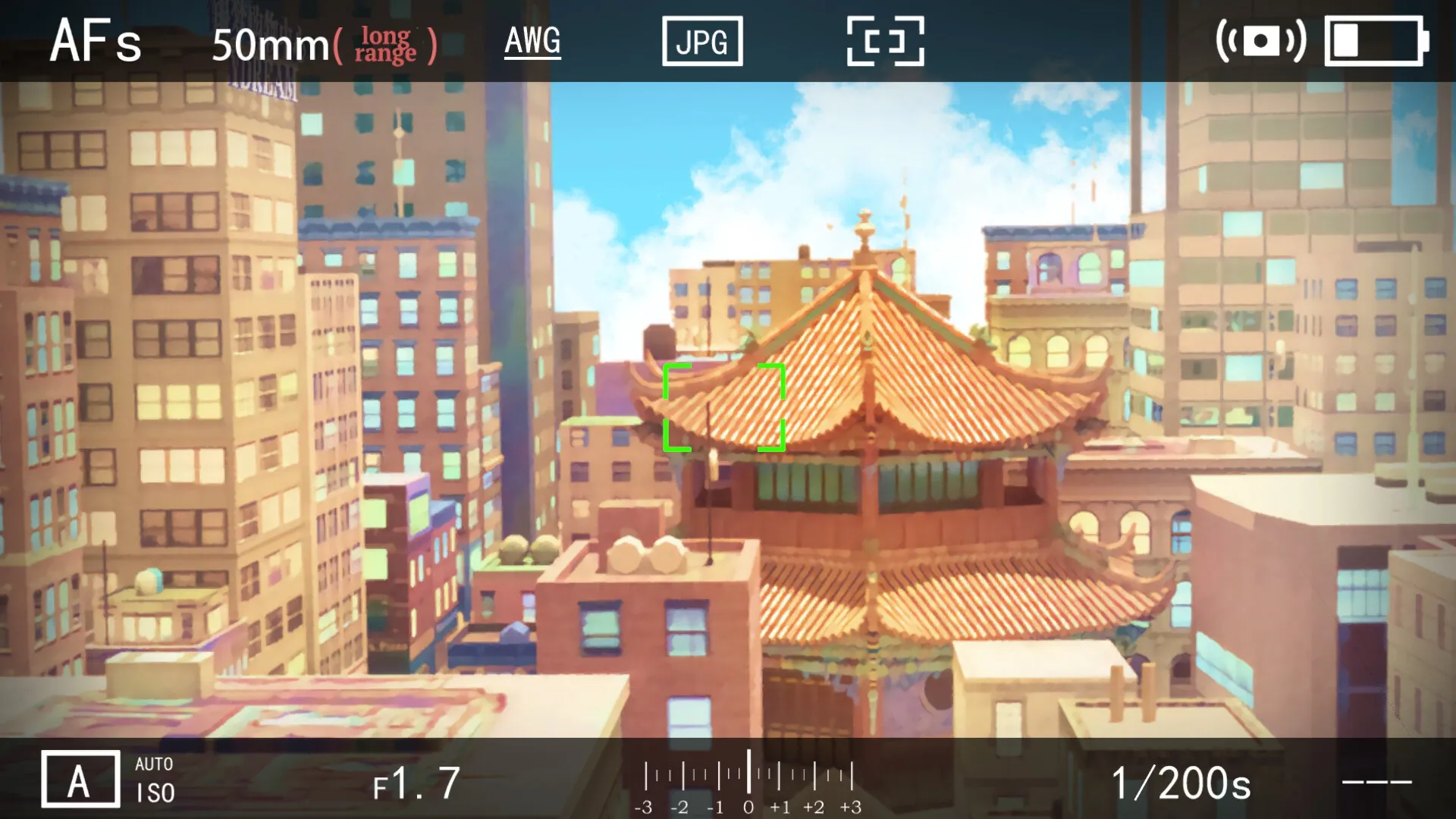 The Diary: Camera UI overlays view of cityscape with traditional temple amidst modern buildings