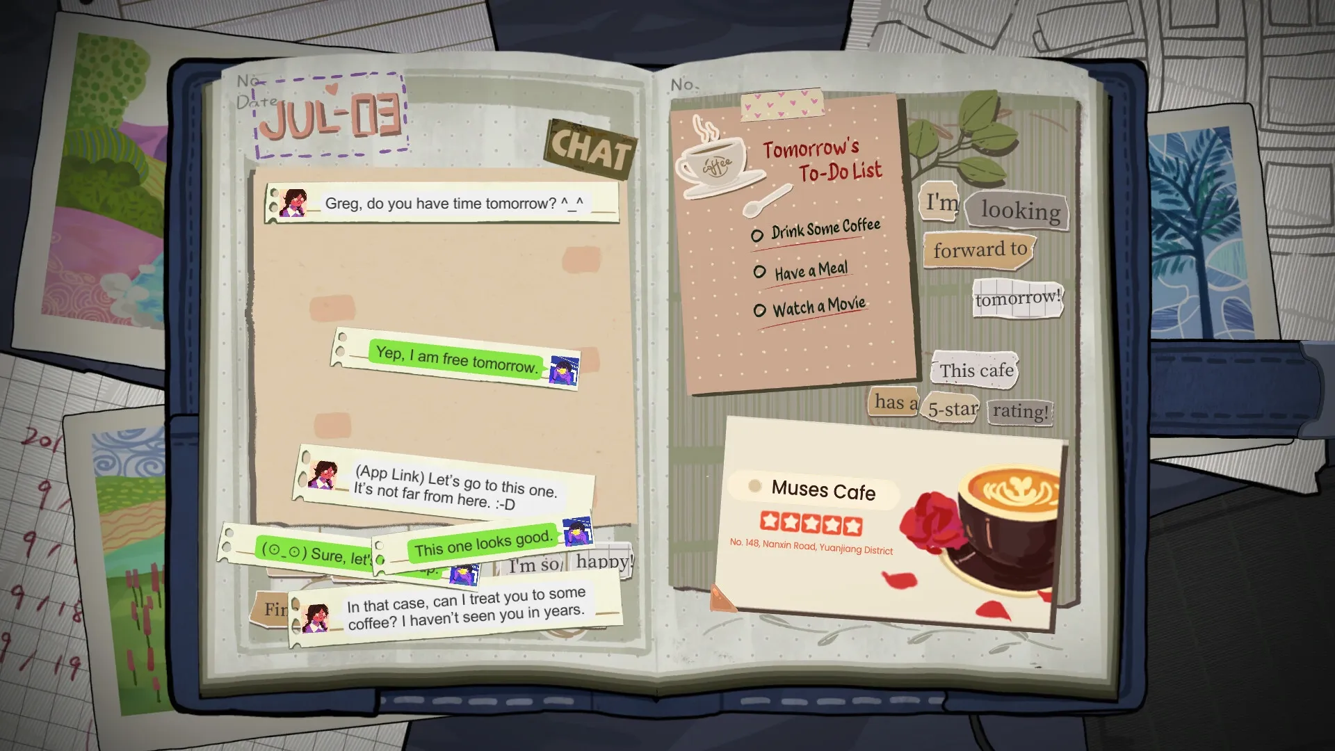 The Diary: Chat messages and to-do list with cafe details on an open diary page