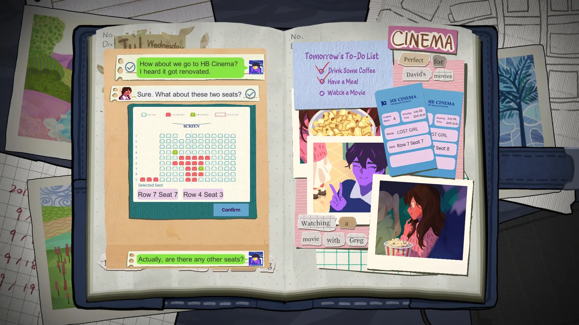 The Diary: Chat about cinema visit, seat selection interface, and movie tickets in journal entry