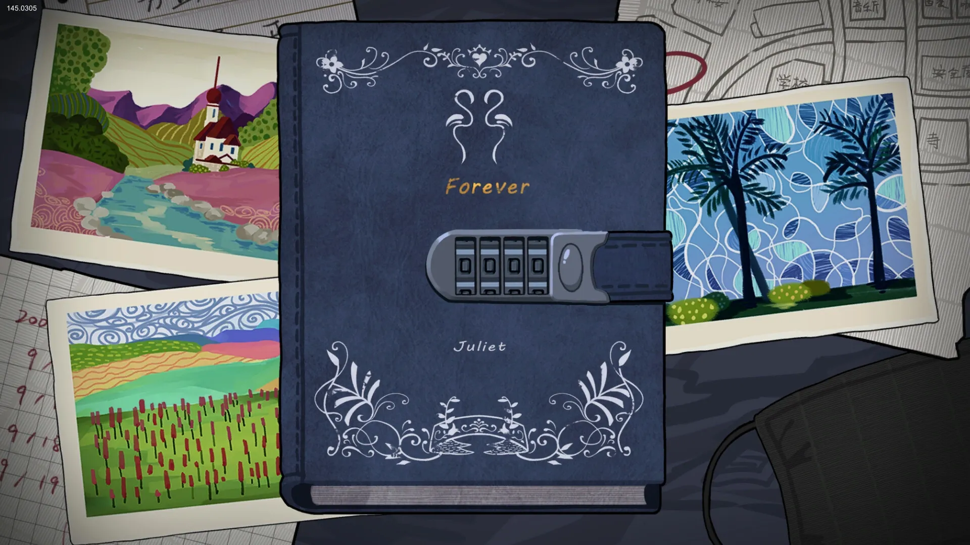 The Diary: Locked diary with "Juliet" and "Forever" surrounded by colorful landscape photos