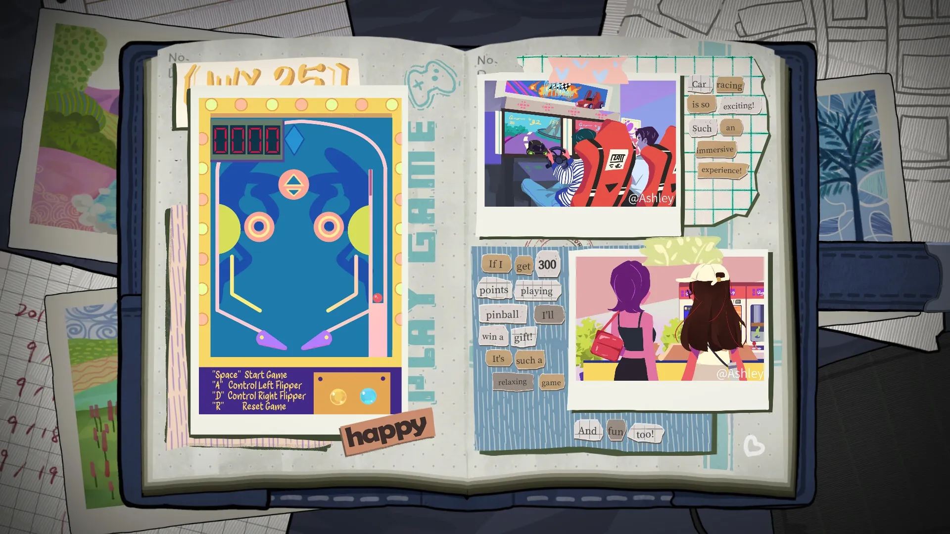The Diary: Open diary with pinball game interface and photos of characters in arcade and shopping settings
