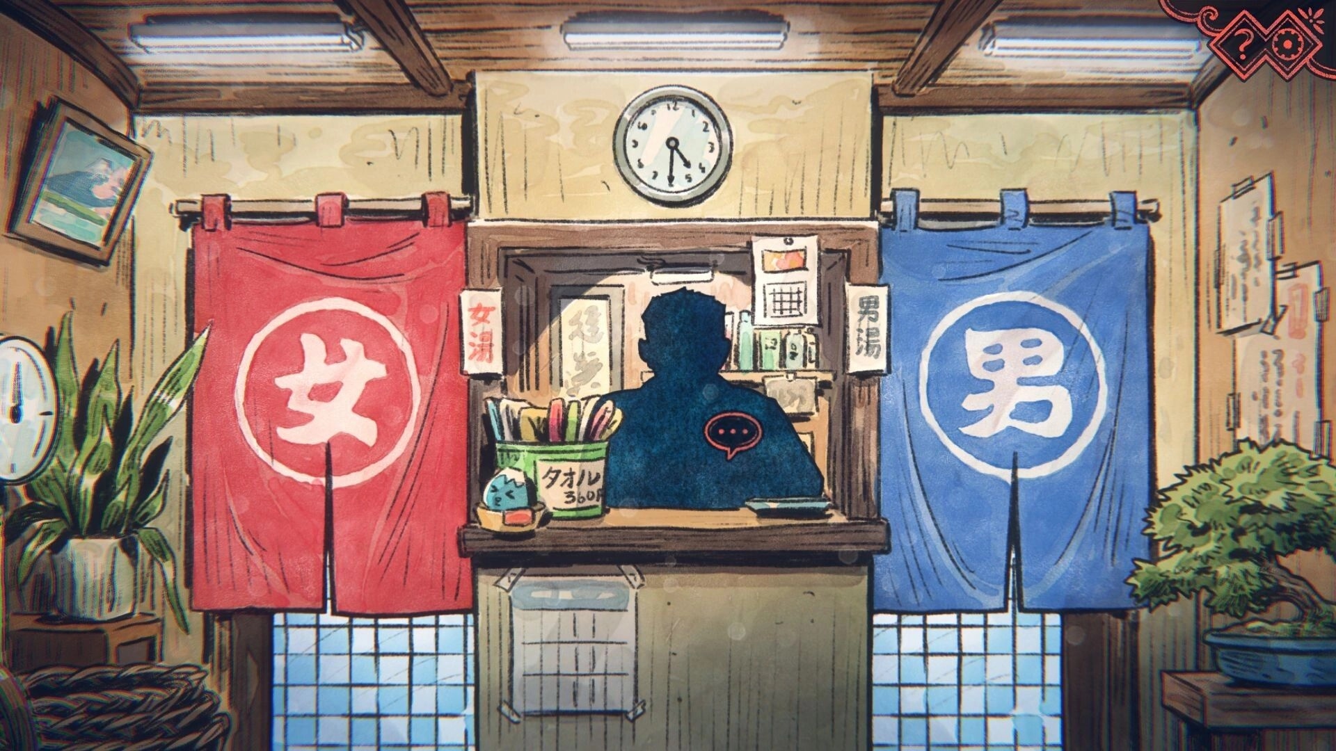 The Doll Shop: Silhouetted clerk at bathhouse front desk between red and blue noren curtains UI icons top right.