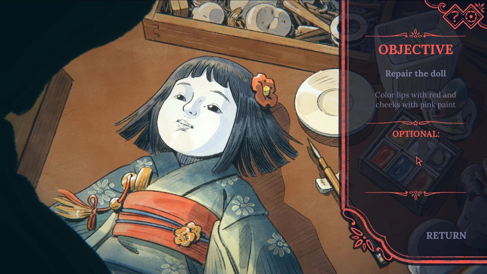 The Doll Shop: Repair objective menu beside a doll on a workbench with paint palette and brush tools.