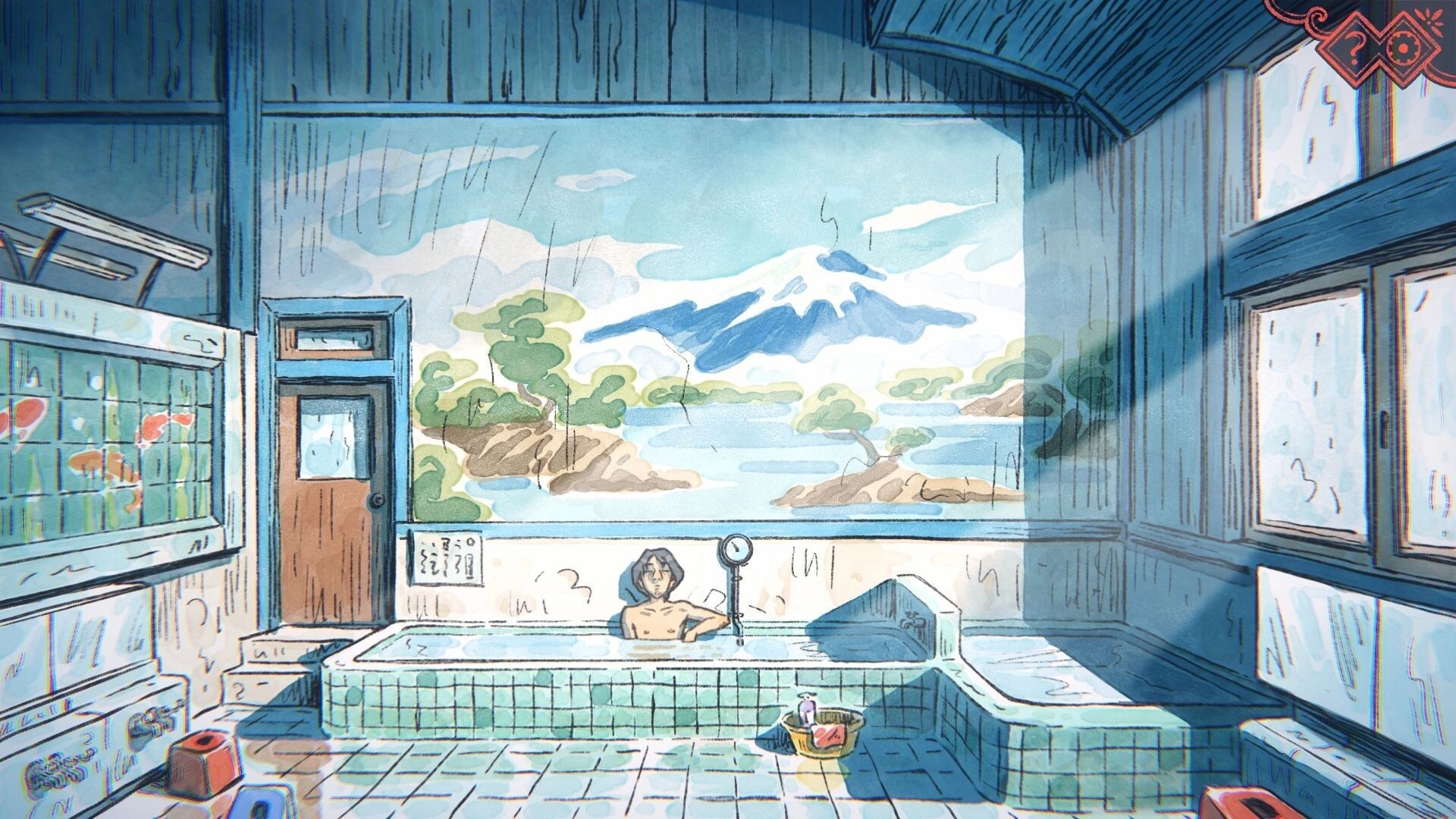 The Doll Shop: Lone bather in tiled hot spring bathhouse, giant mural of lake and mountain backdrop.