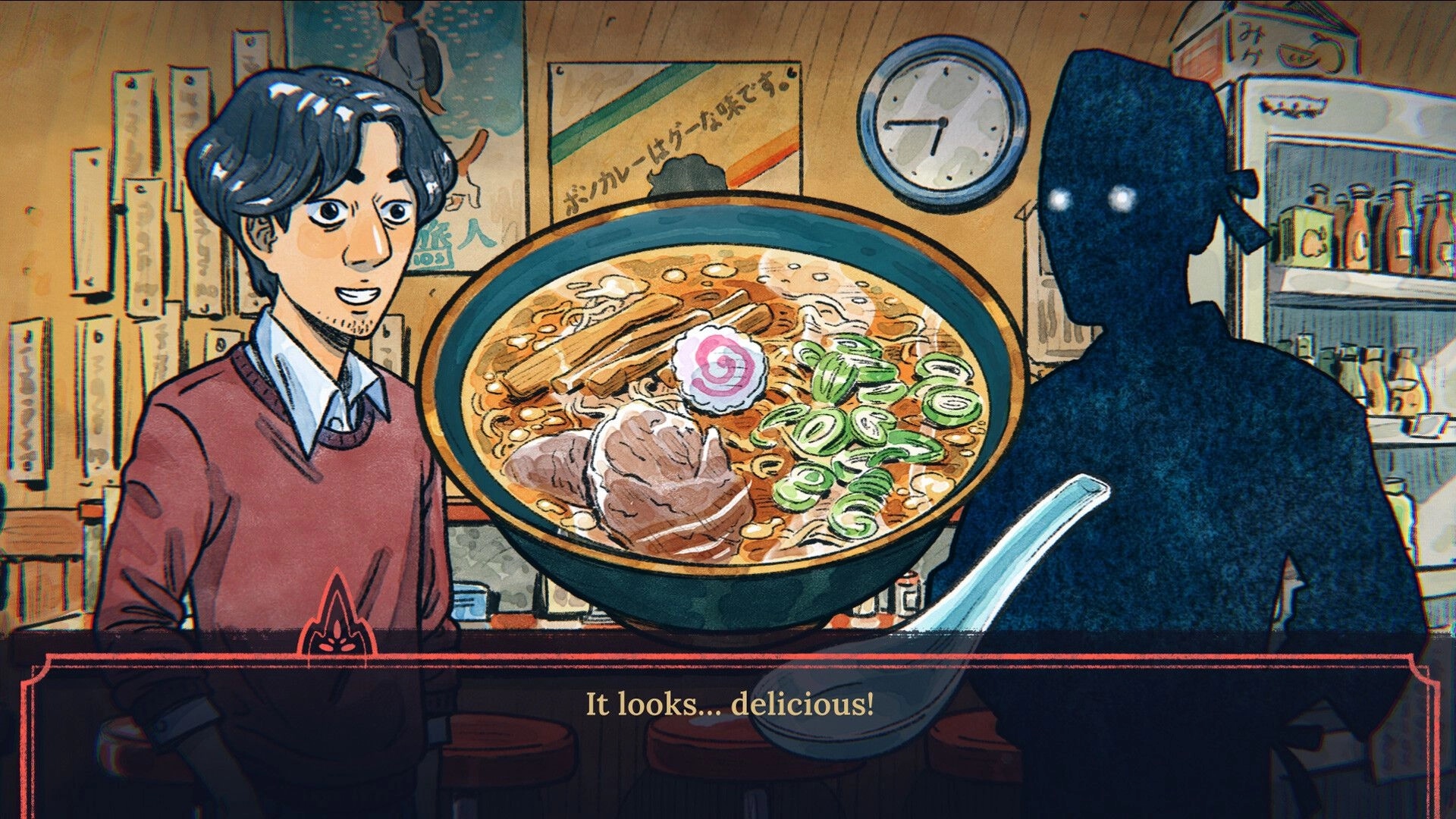 The Doll Shop: Dialogue scene with man and shadowy figure over ramen bowl in cozy bar interior.