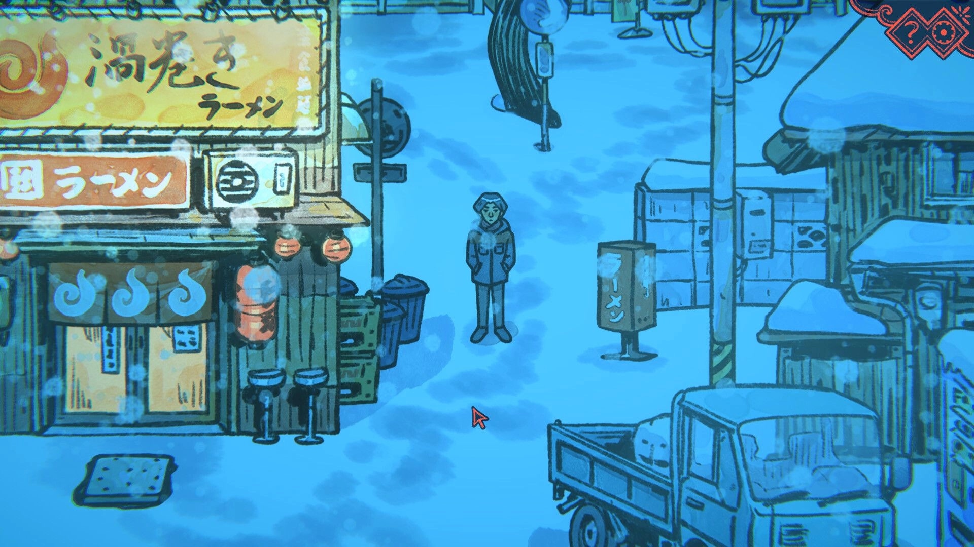 The Doll Shop: Player character stands in snowy street by ramen shop, with menu icons in corner.