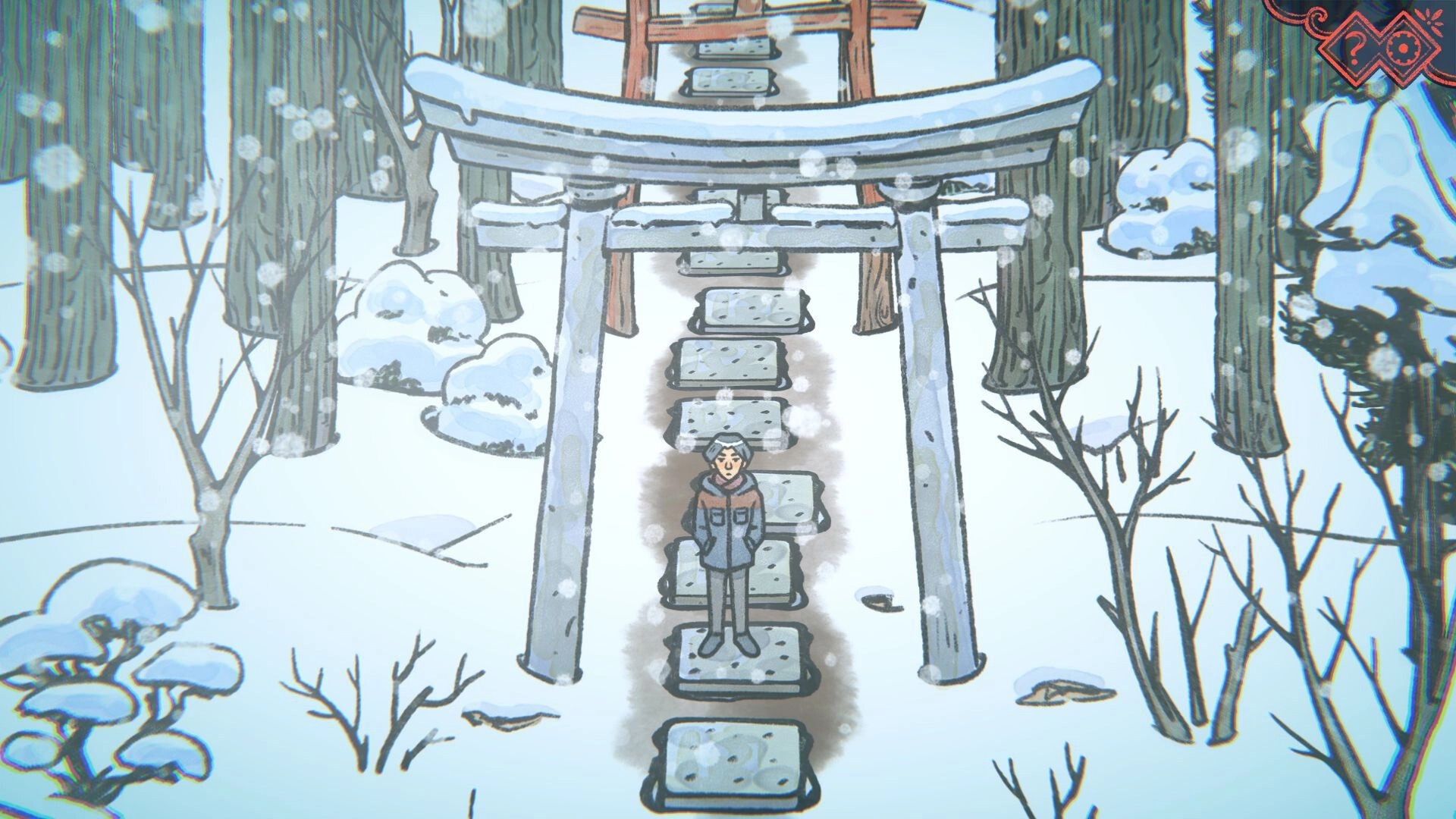 The Doll Shop: Character stands on stone path under torii gates in snowy forest, icons top-right.