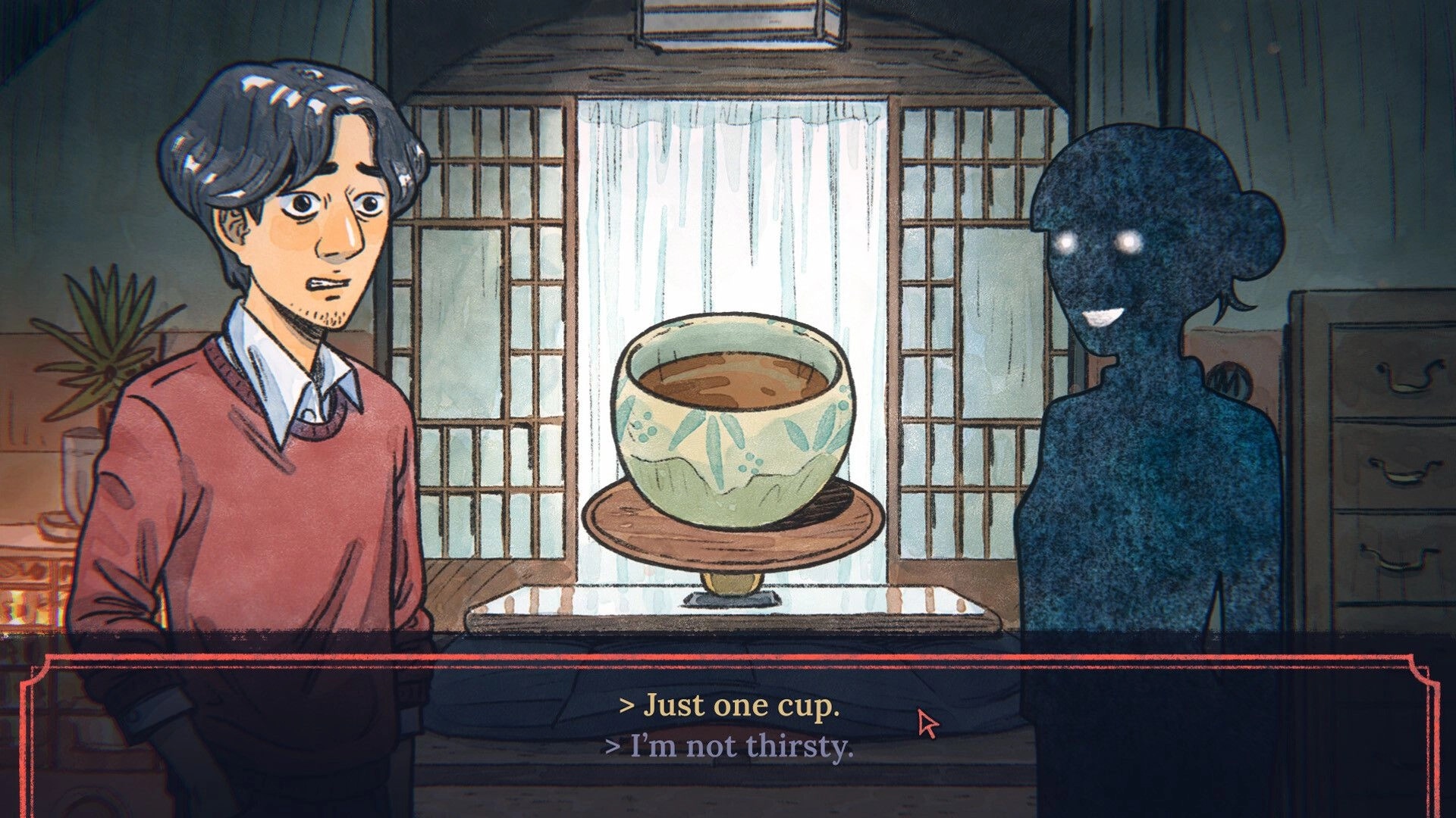 The Doll Shop: Dialogue choice over tea with anxious man and shadowy figure in a dim tatami room.