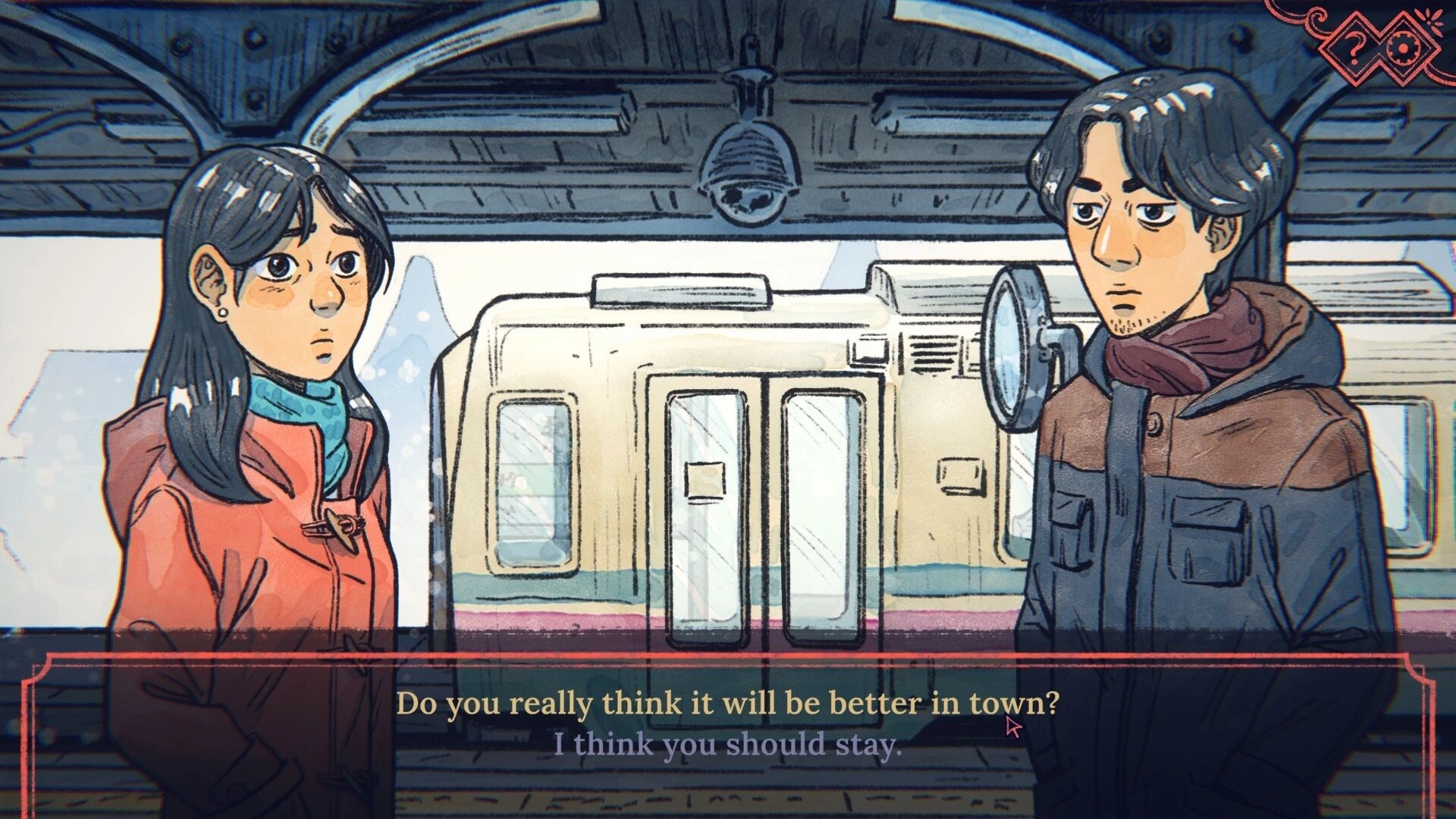 The Doll Shop: Dialogue choice between two characters at a snowy train platform beside a railcar.