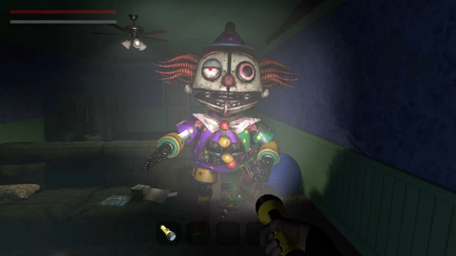 The Doorway Effect: Player faces menacing clown robot in dimly lit room, holding flashlight for guidance.