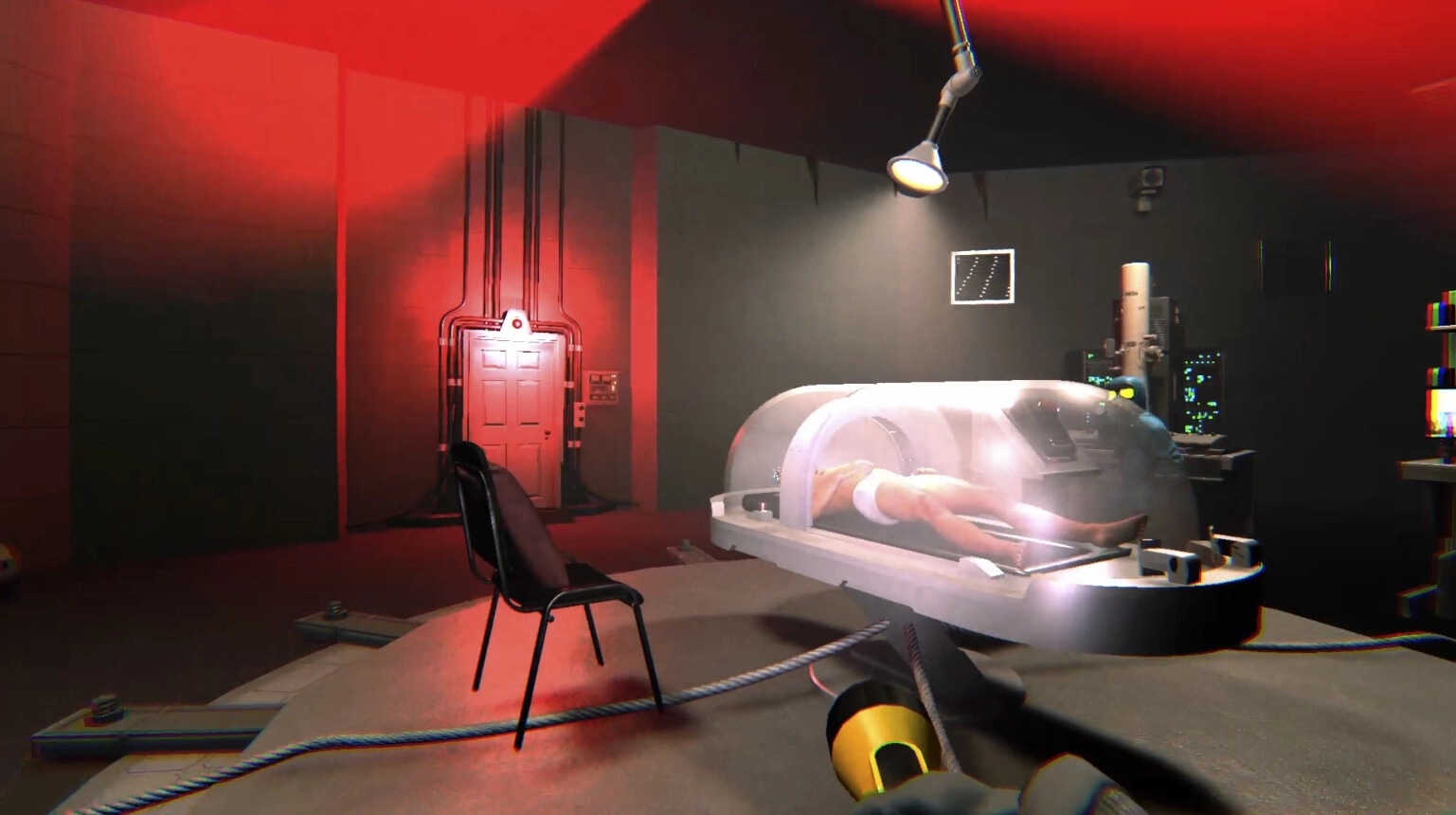 The Doorway Effect: Player holds flashlight in red-lit lab with man in medical pod and closed door nearby