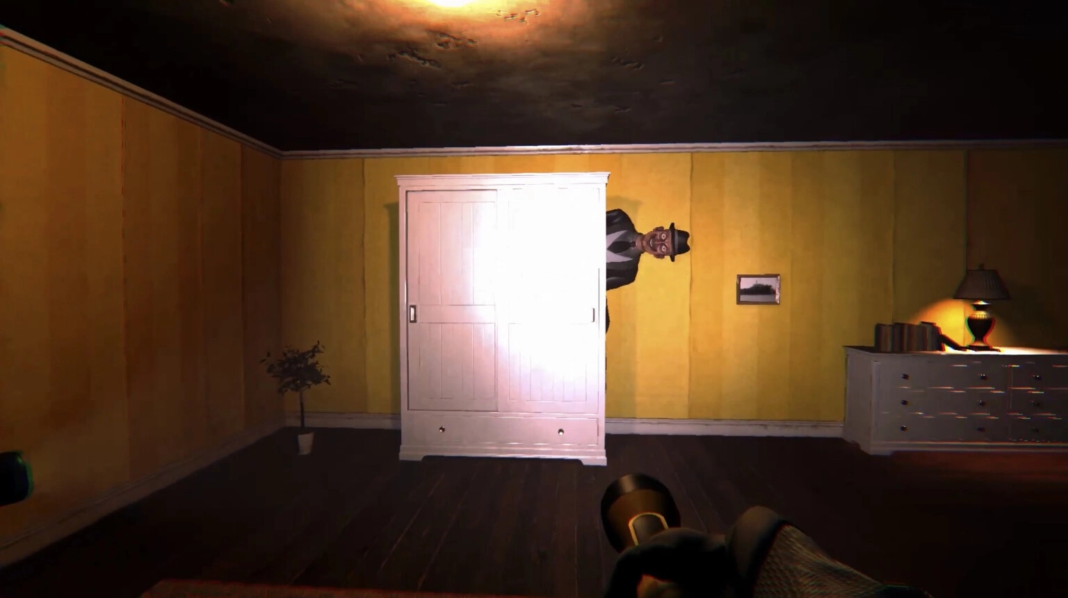 The Doorway Effect: Character peeks from wardrobe in dimly lit room, player holds flashlight.