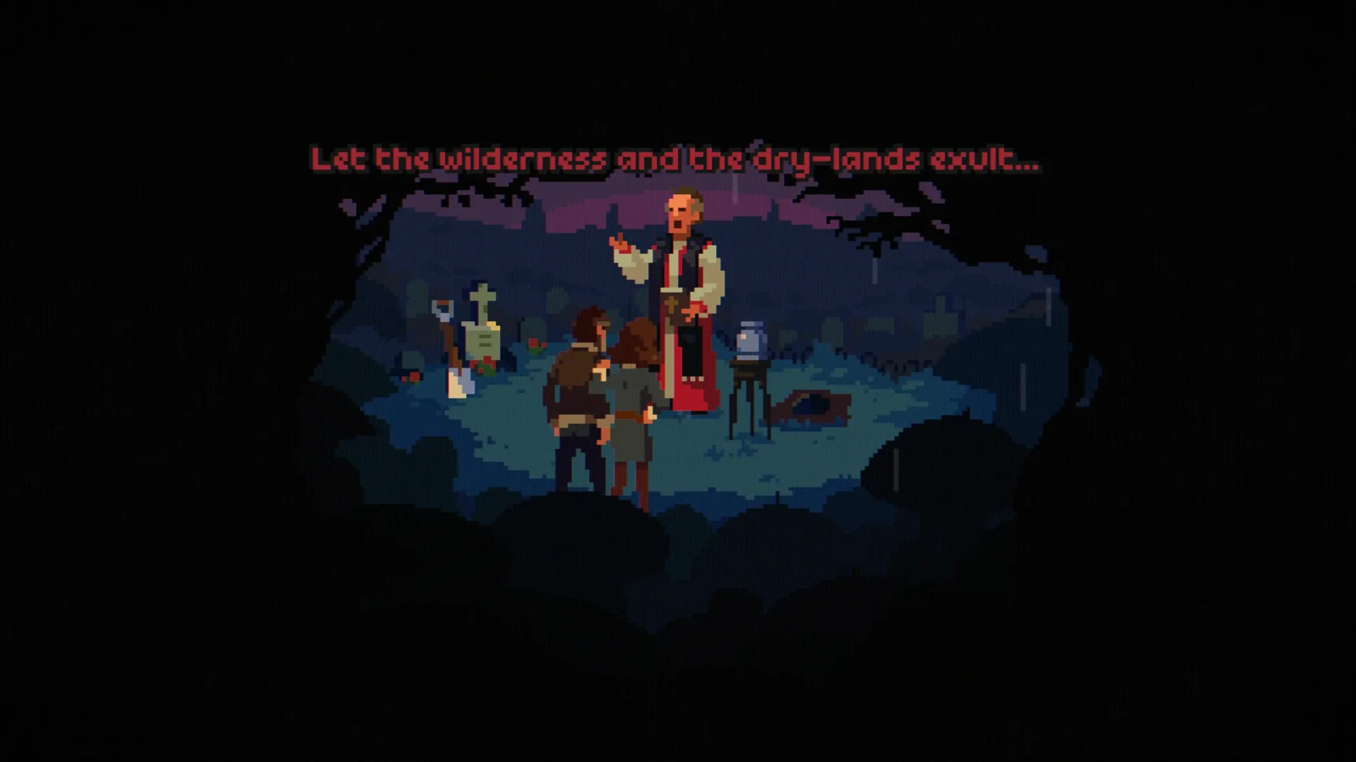 The Drifter: Preacher delivers a sermon at night in a graveyard, surrounded by listening characters.