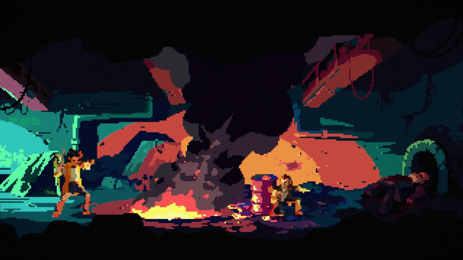 The Drifter: Character aims weapon across fiery sewer tunnel with debris and shadows looming around