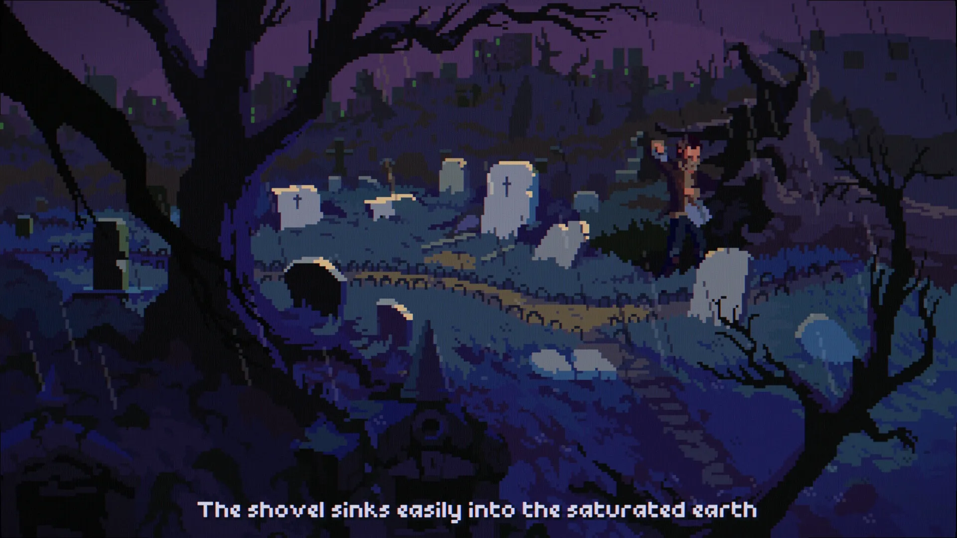 The Drifter: Character digging in a moonlit graveyard, surrounded by tombstones and eerie shadows.