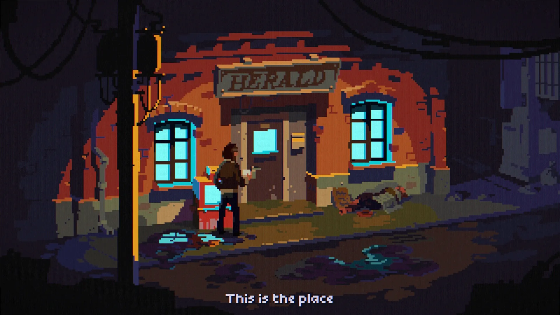 The Drifter: Character stands outside the Herald building at night, with a body lying on the ground nearby.
