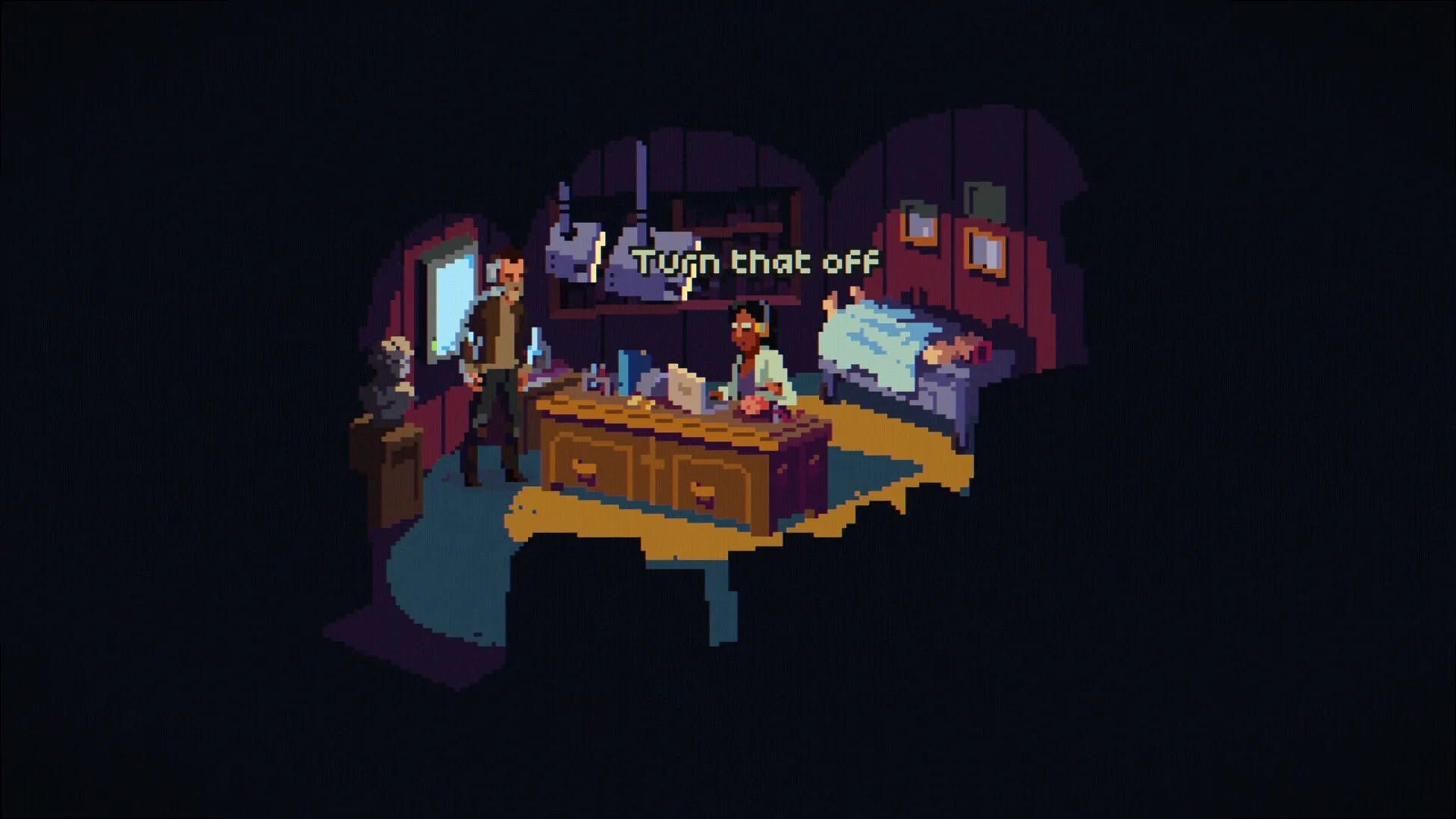 The Drifter: Character confronts a doctor at a desk in a dimly lit room with a patient on the bed.
