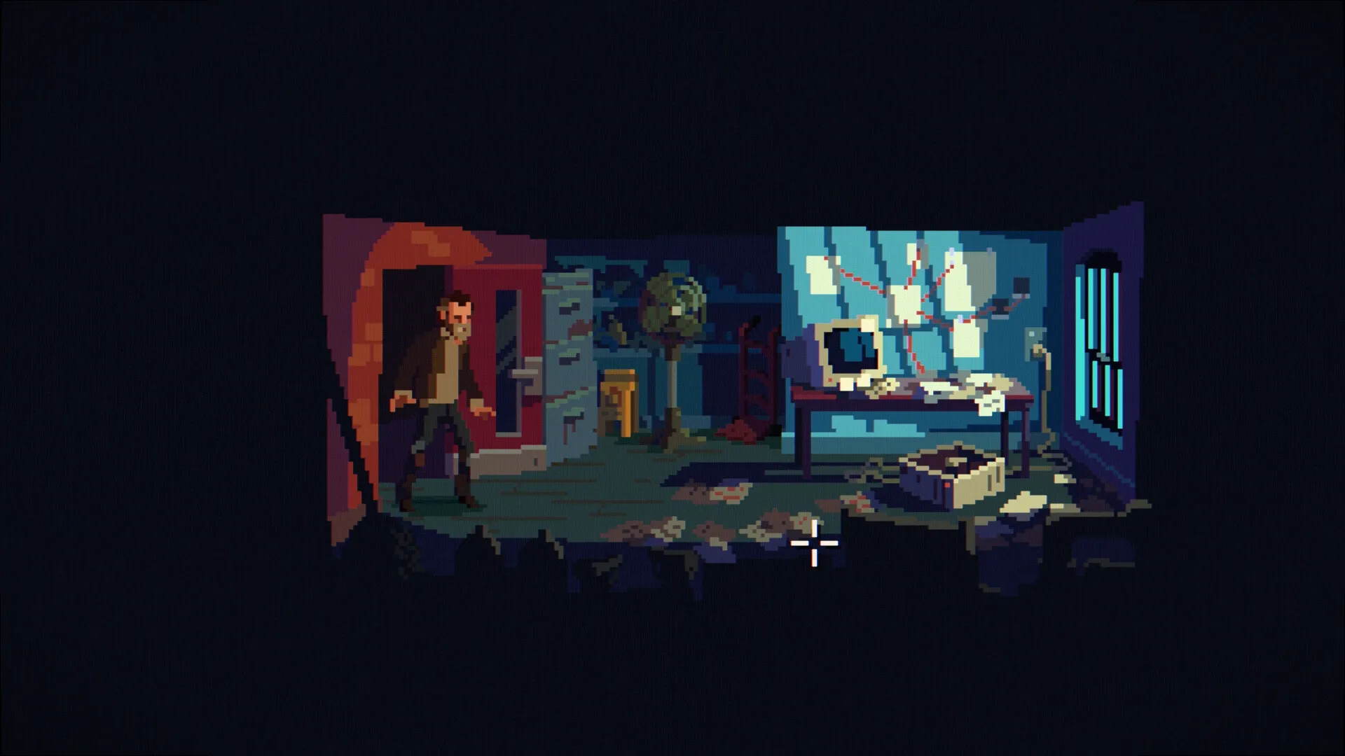 The Drifter: Protagonist explores dim office with conspiracy board, computer, and scattered papers.