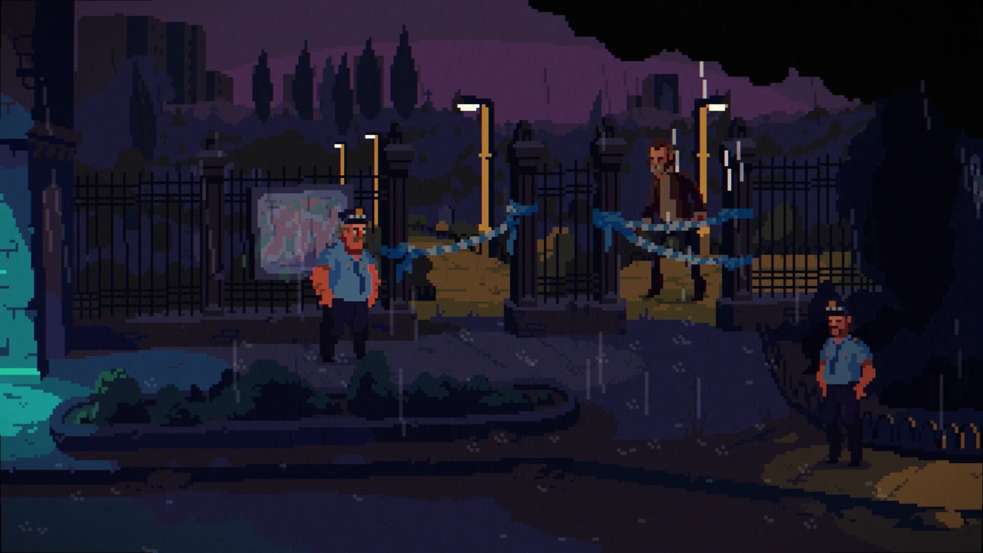 The Drifter: Police officers and a man stand by a taped-off crime scene in a dark, rainy park.