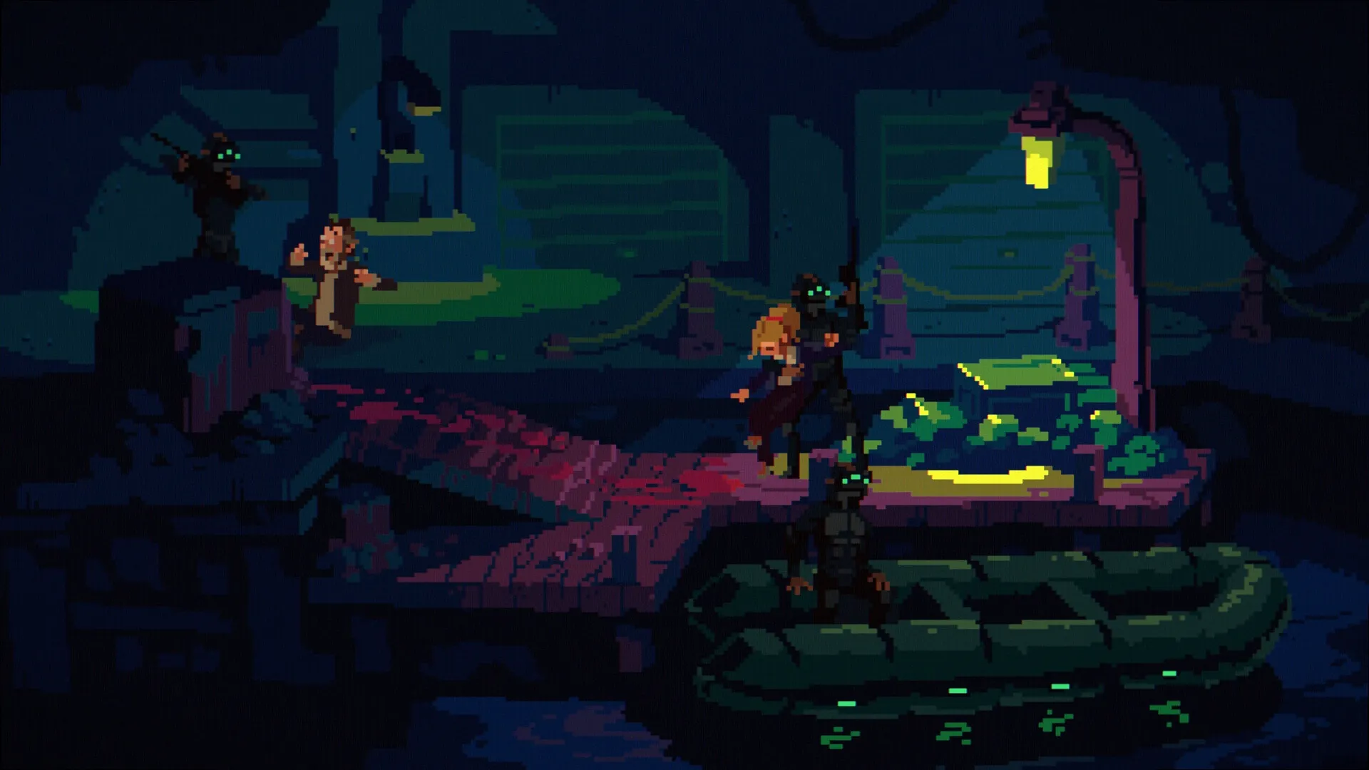 The Drifter: Intense standoff on a dimly lit dock with mysterious figures and a small boat nearby.