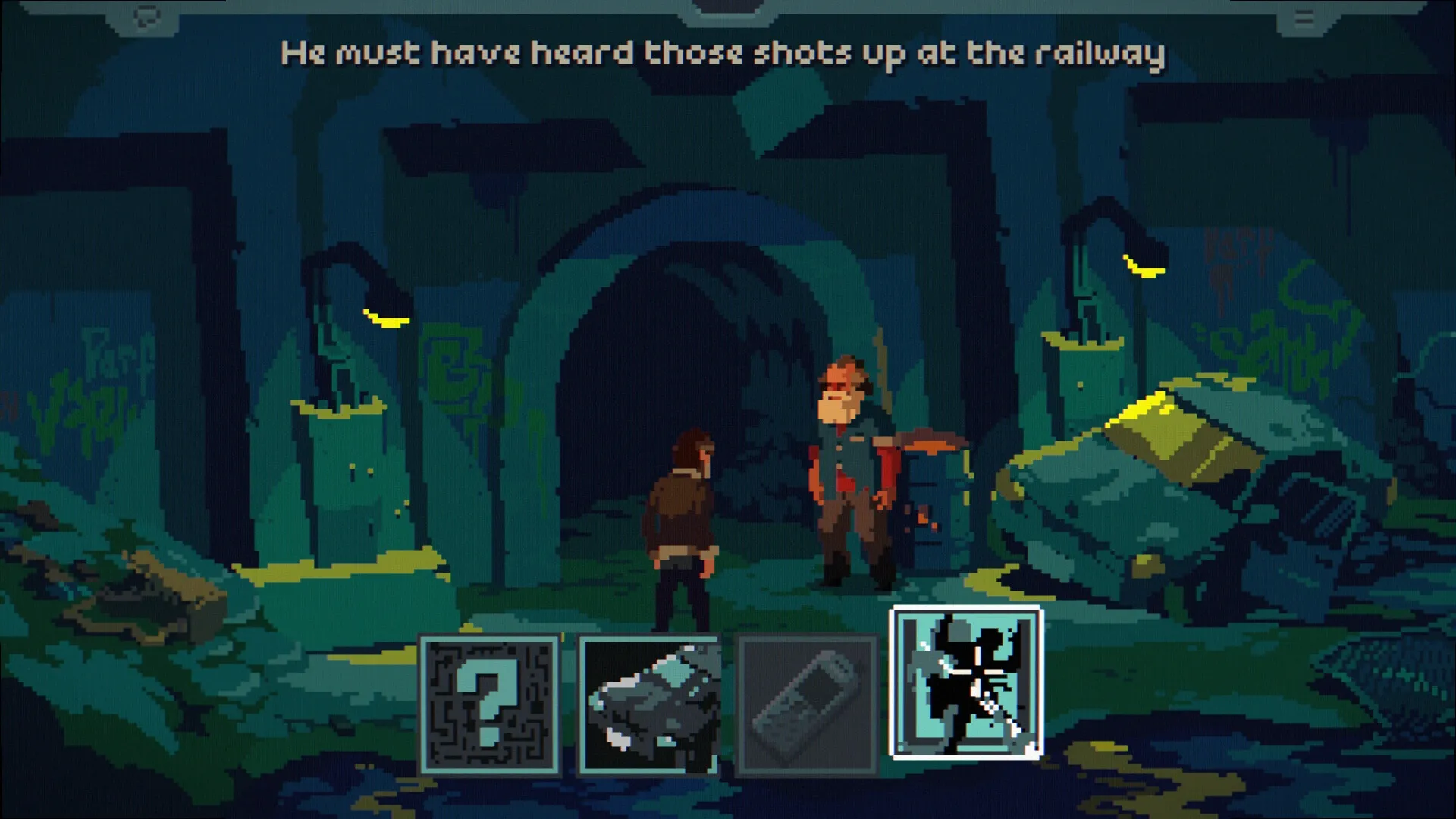 The Drifter: Character interaction in dark tunnel with dialogue and inventory icons visible below.