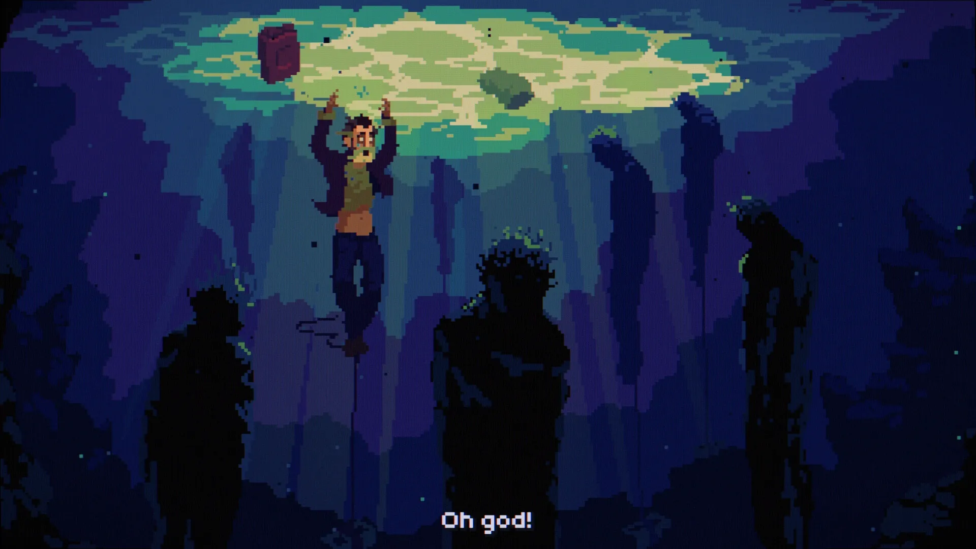 The Drifter: Character submerged underwater, reaching up with shadowy figures surrounding him, text below.