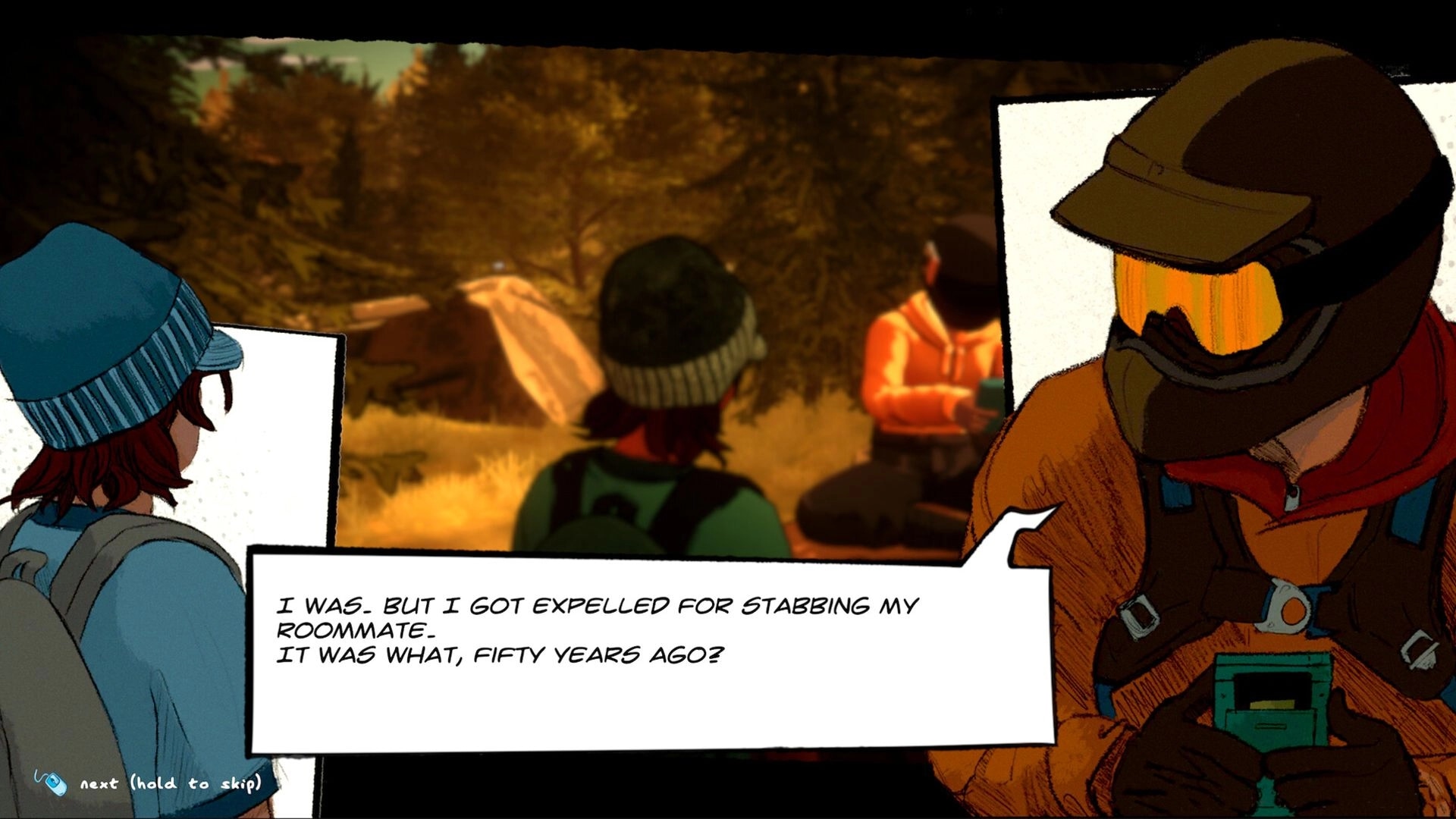 The Dropouts: Dialogue scene at a campsite with students and a masked figure speaking in text box.